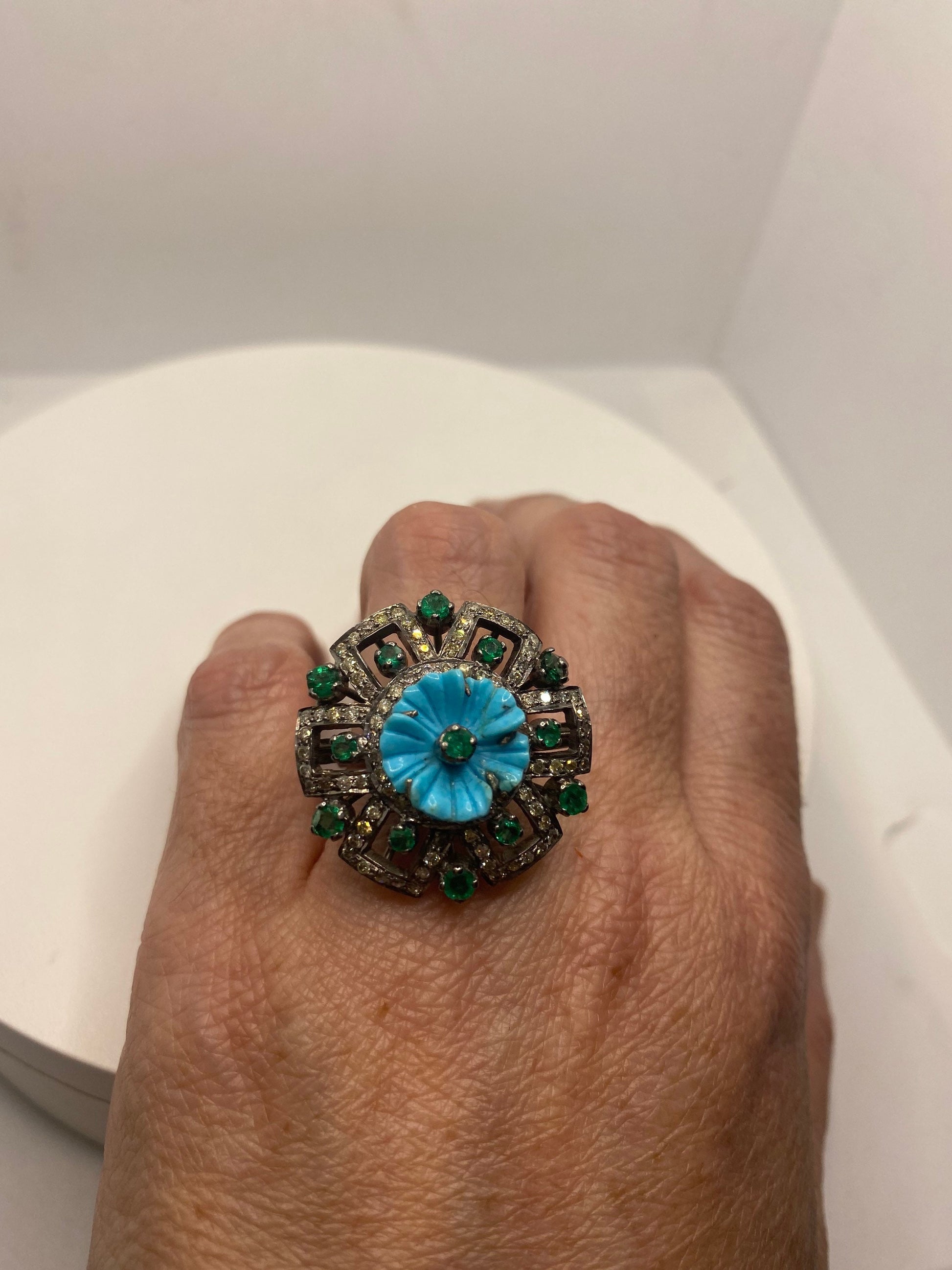 Vintage Persian Turquoise Emerald Campaign Diamond Cocktail Ring 925 Sterling Silver Size 7