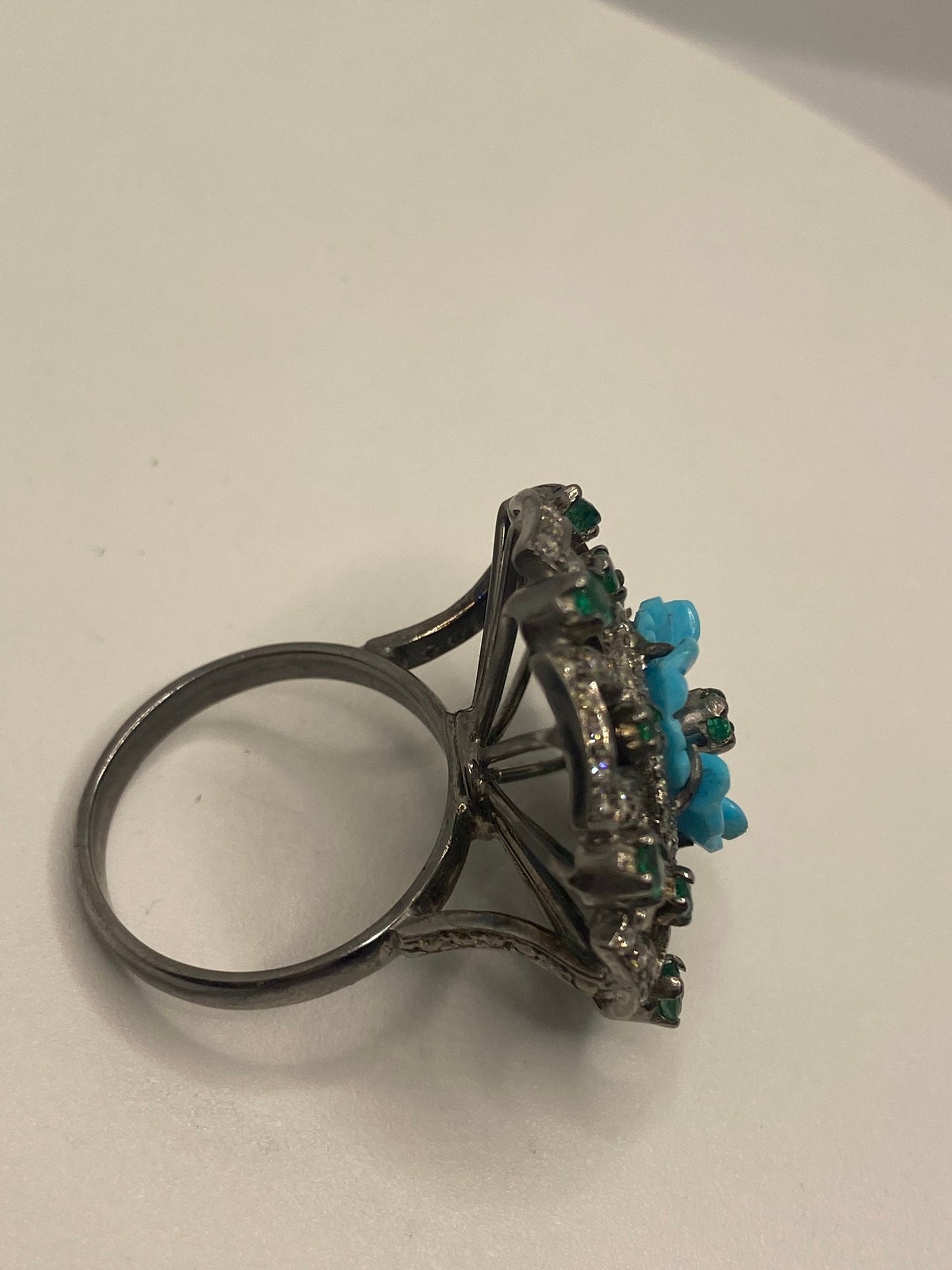 Vintage Persian Turquoise Emerald Campaign Diamond Cocktail Ring 925 Sterling Silver Size 7