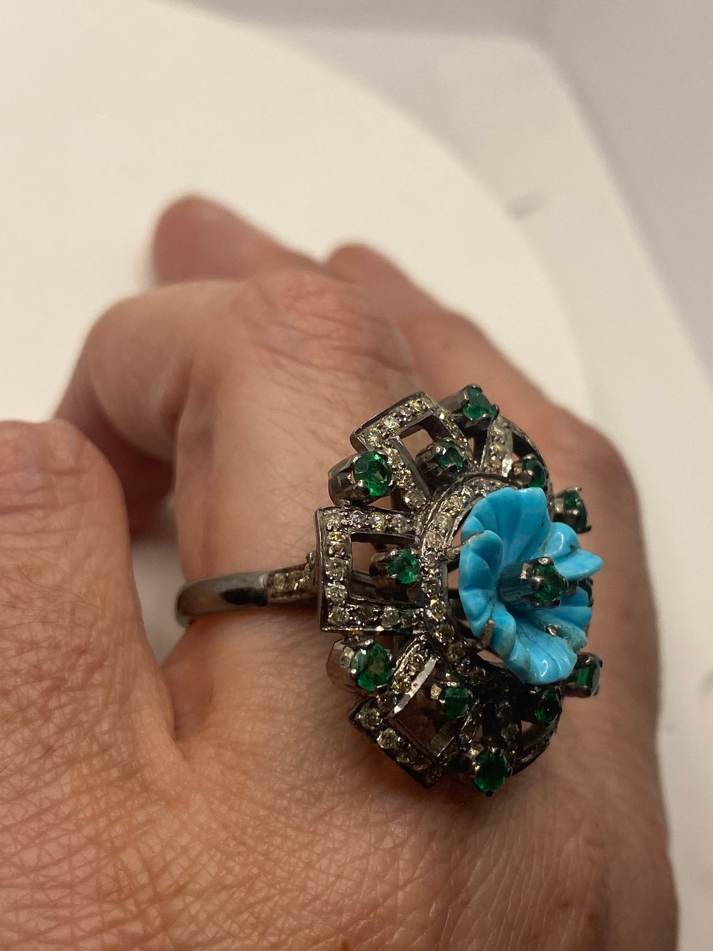 Vintage Persian Turquoise Emerald Campaign Diamond Cocktail Ring 925 Sterling Silver Size 7