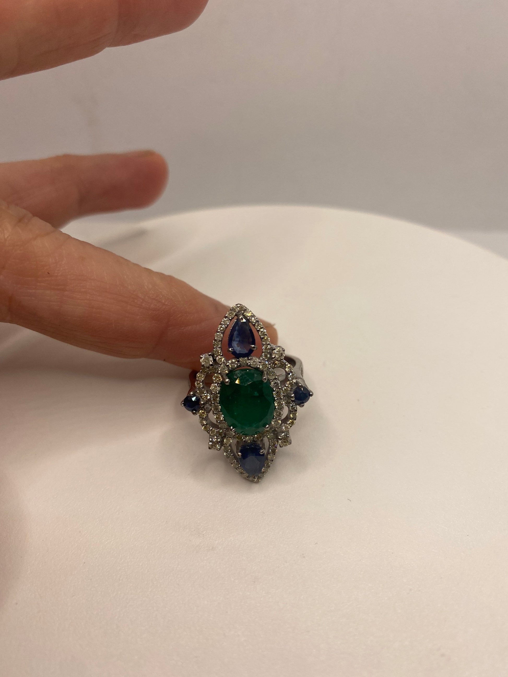 Vintage Emerald Sapphire Diamond Cocktail Ring 925 Sterling Silver Size 7