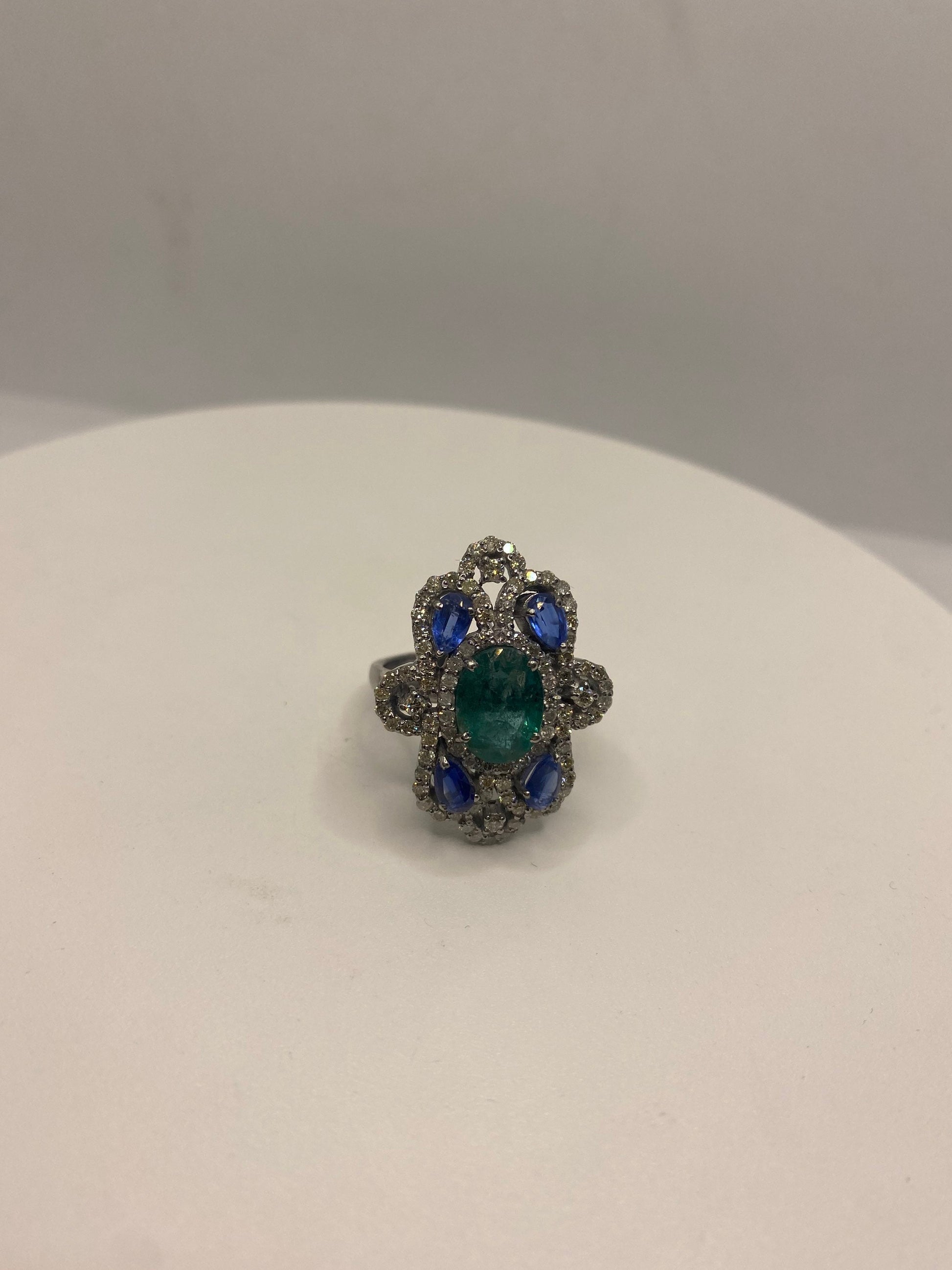 Vintage Emerald Tanzanite Diamond Cocktail Ring 925 Sterling Silver Size 6.5