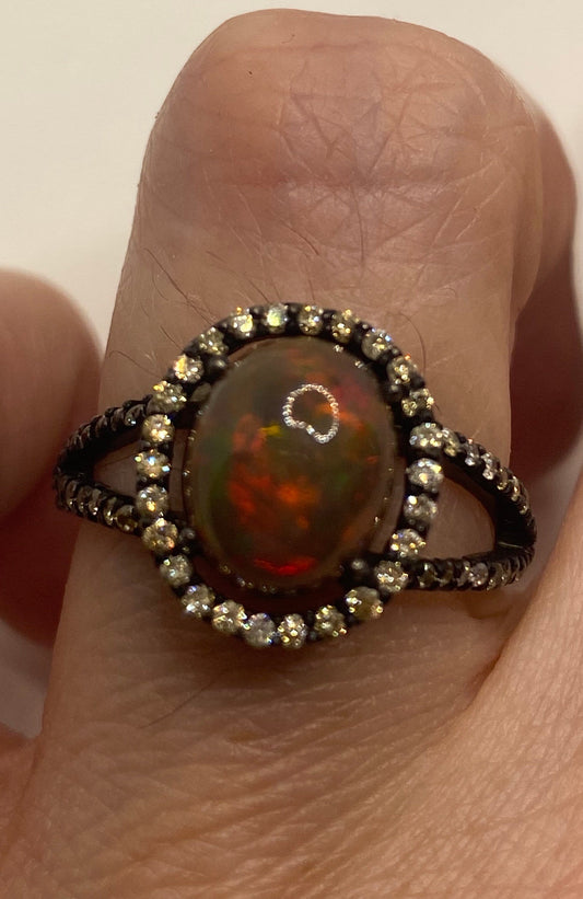 Vintage Fire Opal Sapphire Diamond Cocktail Ring 925 Sterling Silver Size 7