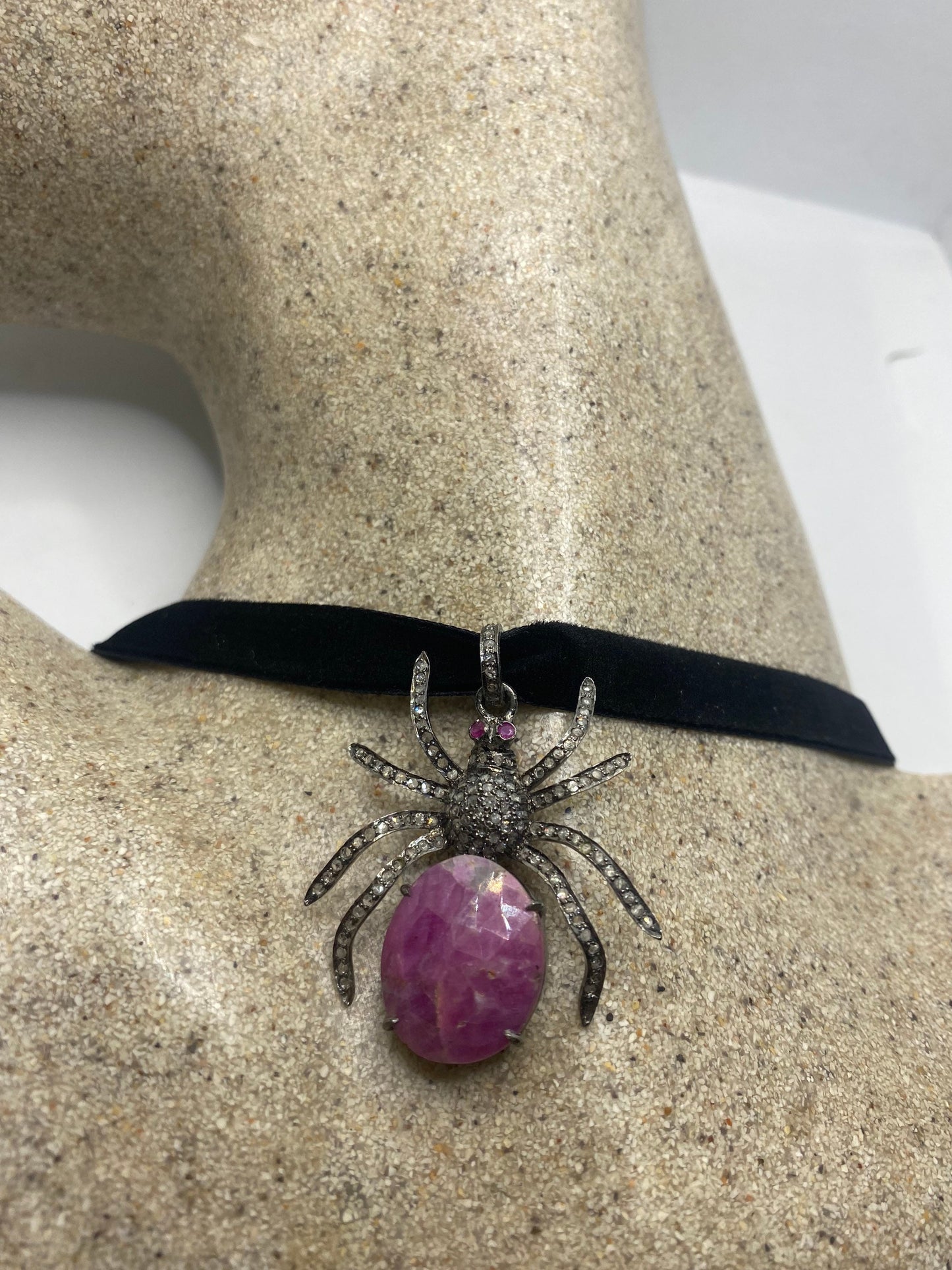 Vintage Diamond Spider Choker 925 Sterling Silver Pink Ruby Pendant