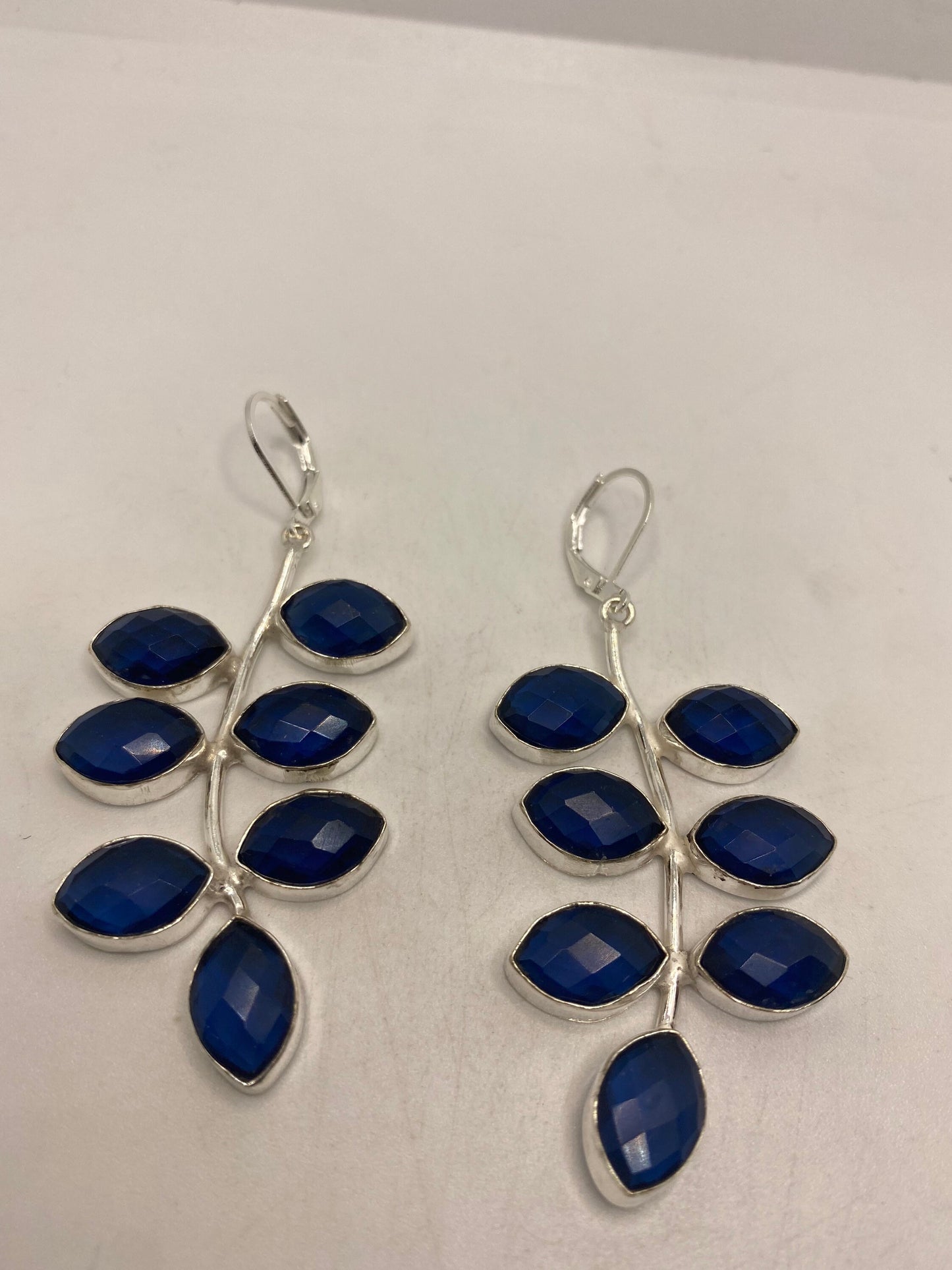 Vintage Blue Onyx Earrings 925 Sterling Silver Deco Dangle Chandelier