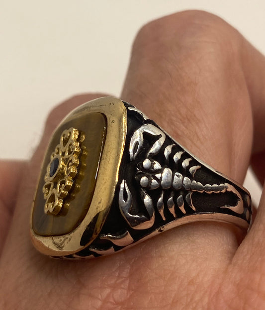 Vintage Tigers Eye Mens Ring in 925 Sterling Silver Persian Genuine