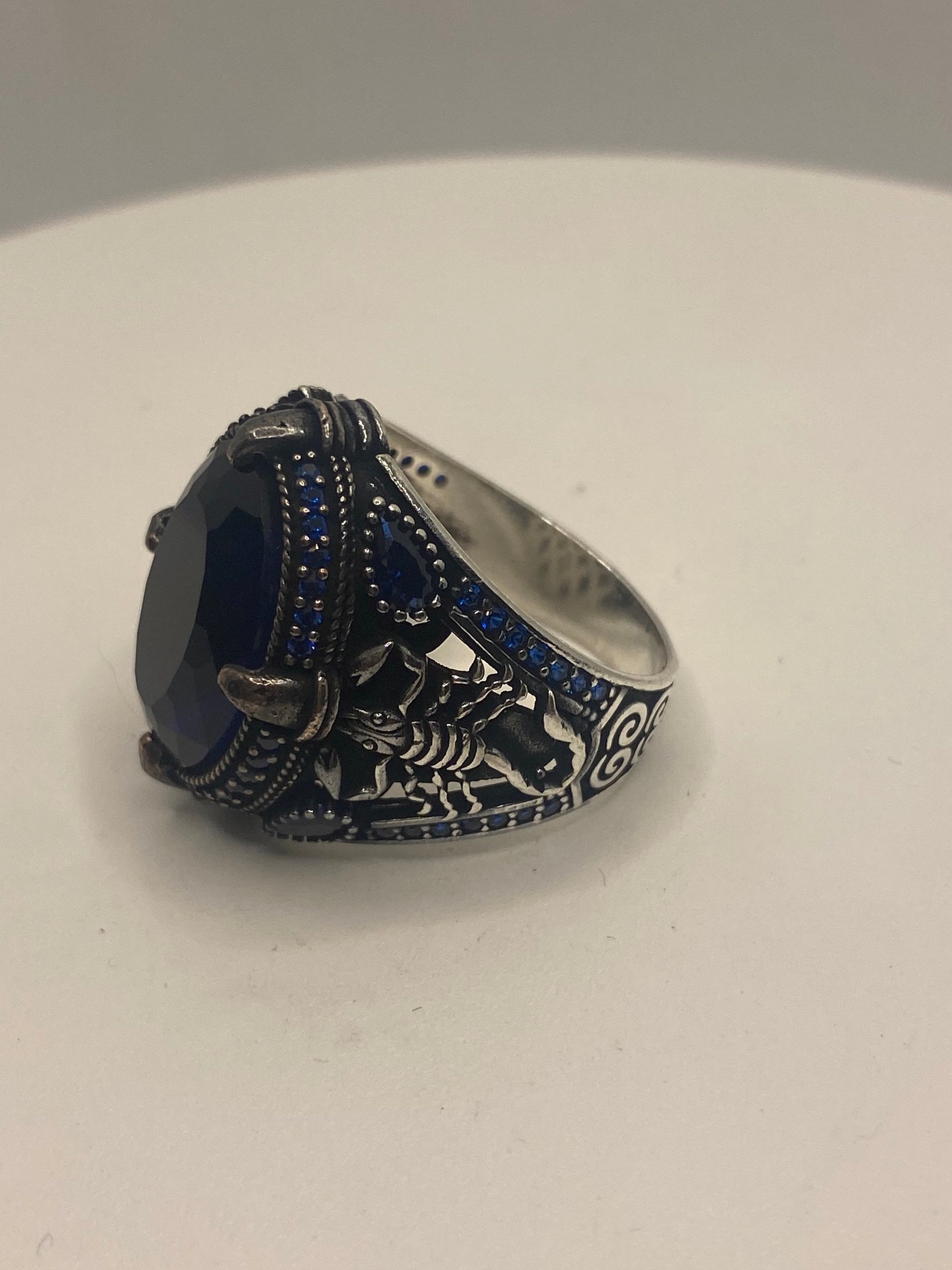 Vintage Cobalt Blue Glass Scorpion Mens Ring in 925 Sterling Silver Persian Genuine