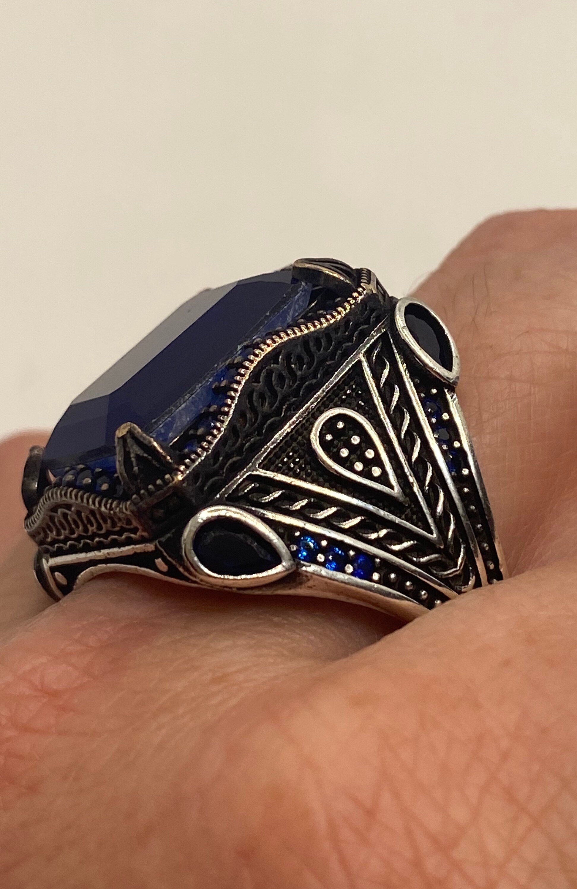 Vintage Cobalt Blue Glass Mens Ring in 925 Sterling Silver