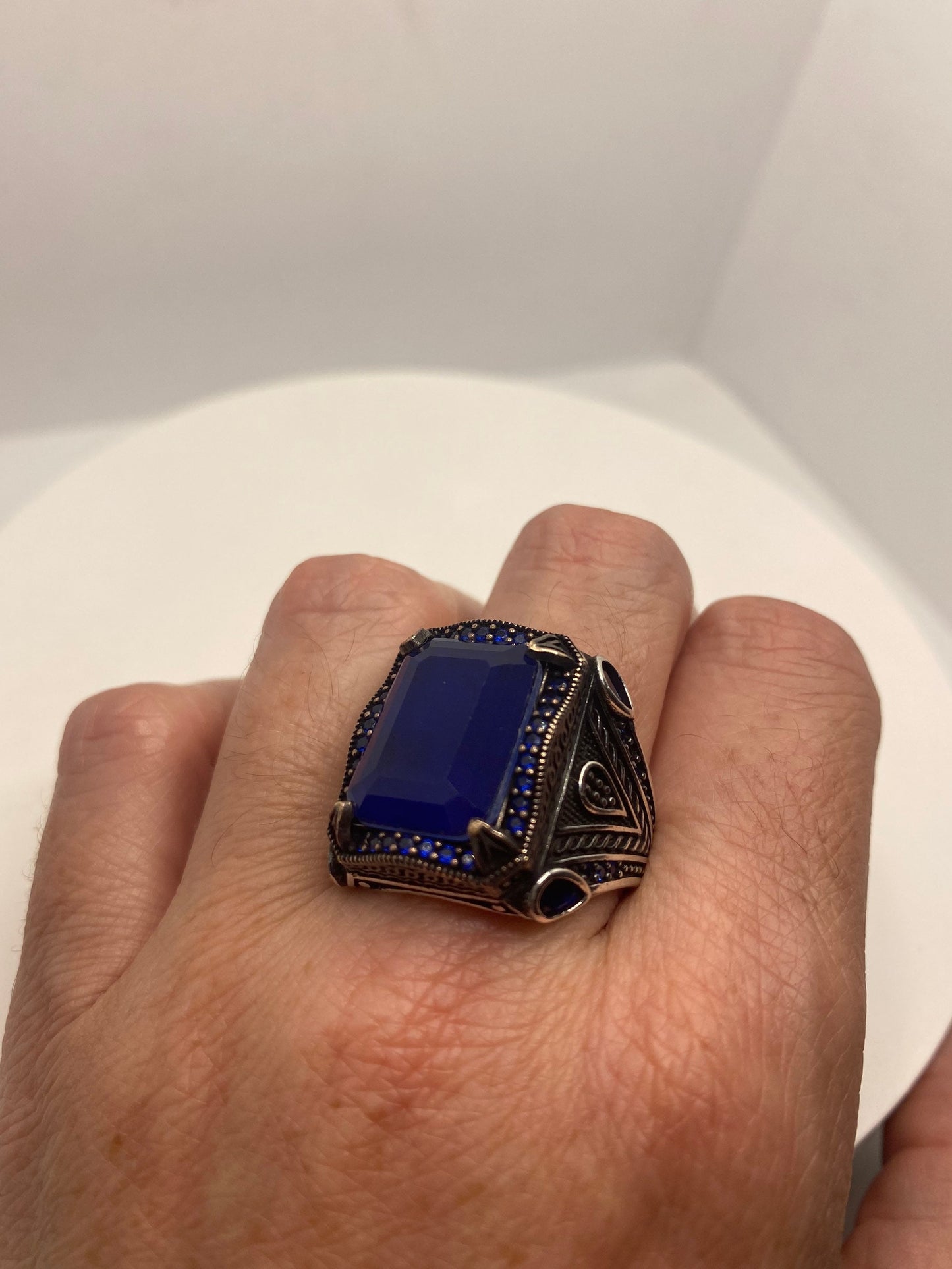 Vintage Cobalt Blue Glass Mens Ring in 925 Sterling Silver