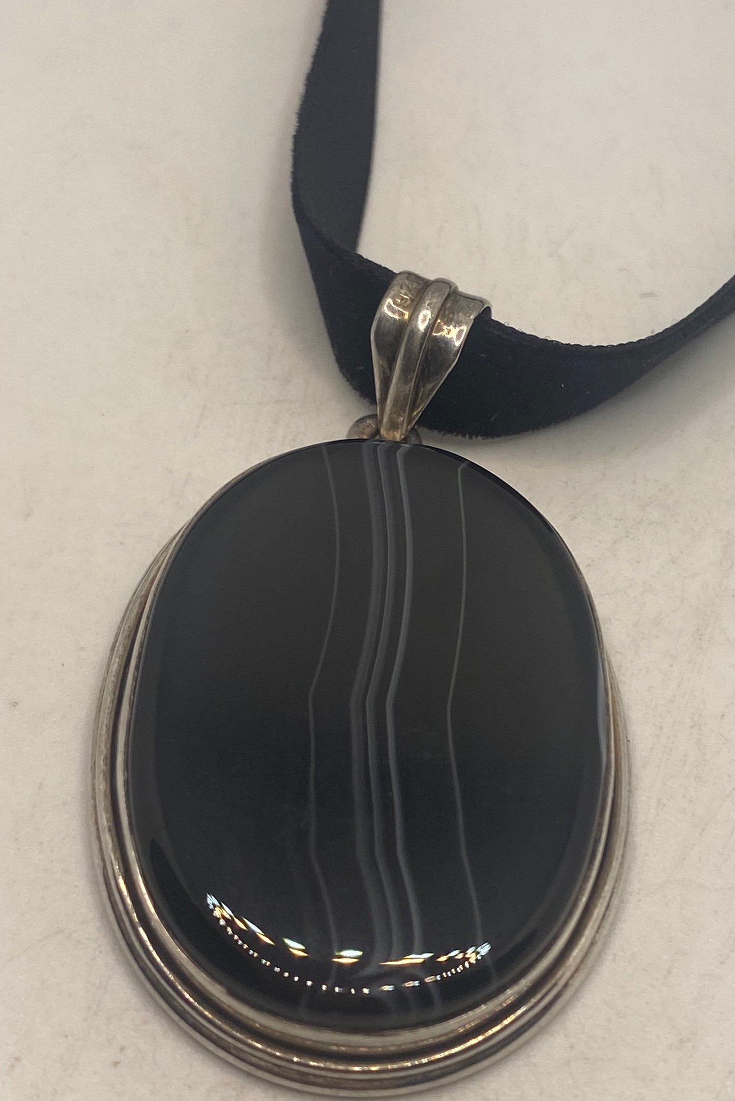 Vintage Banded Black Onyx Agate Choker Black Velvet Ribbon Pendant Necklace 925 Sterling Silver