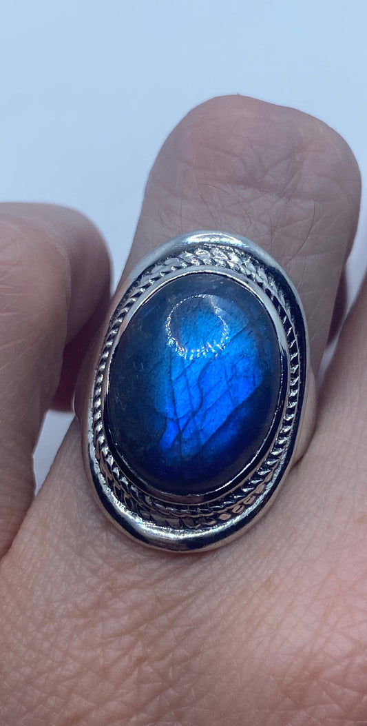 Vintage Blue Green Labradorite Moonstone 925 Silver Cocktail Ring