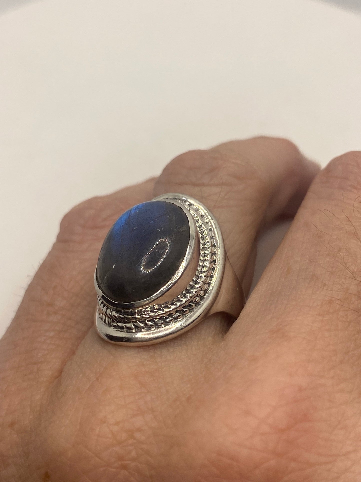 Vintage Blue Green Labradorite Moonstone 925 Silver Cocktail Ring