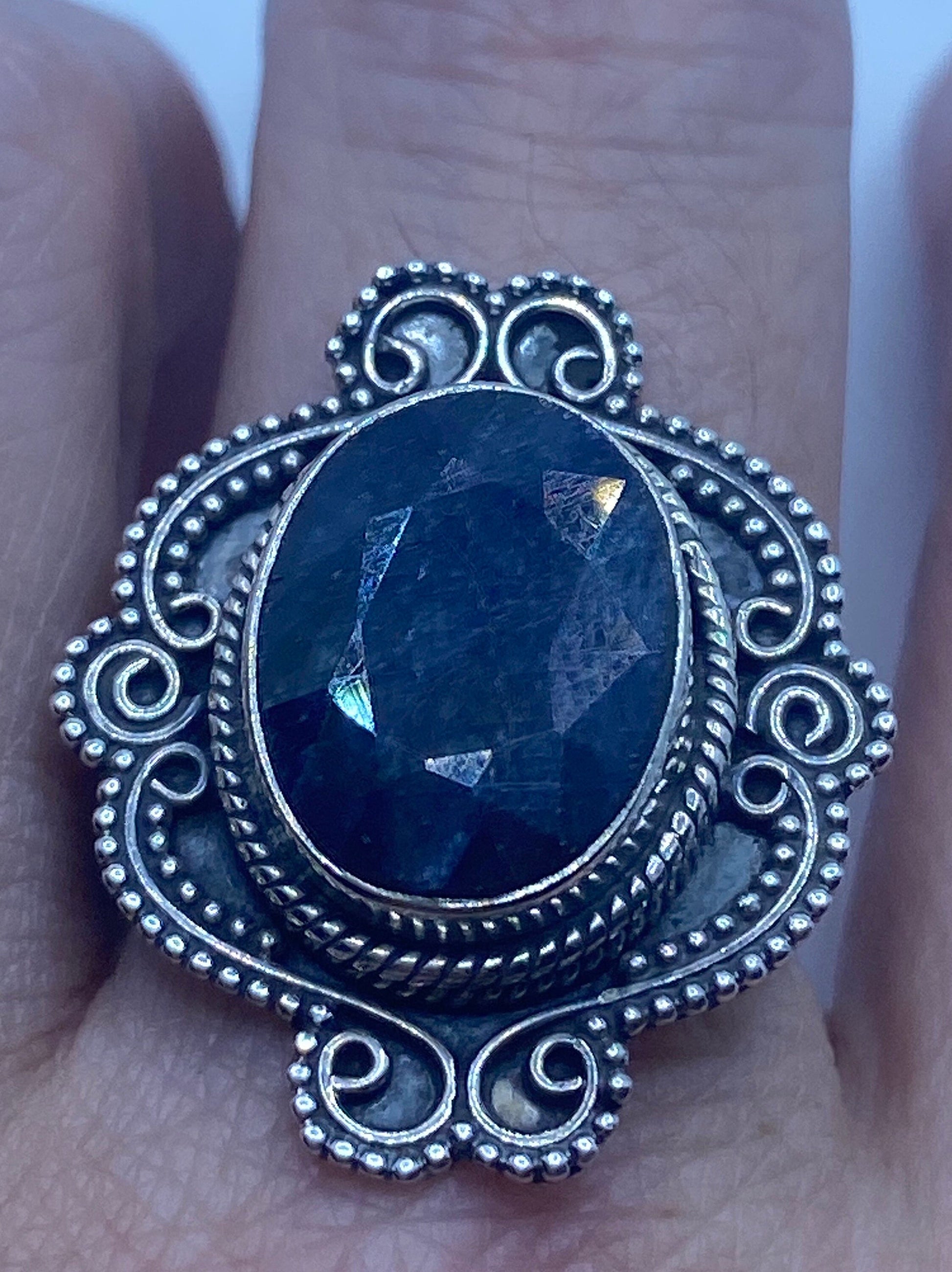 Vintage Black Blue Sapphire 925 Sterling Silver Gothic Ring