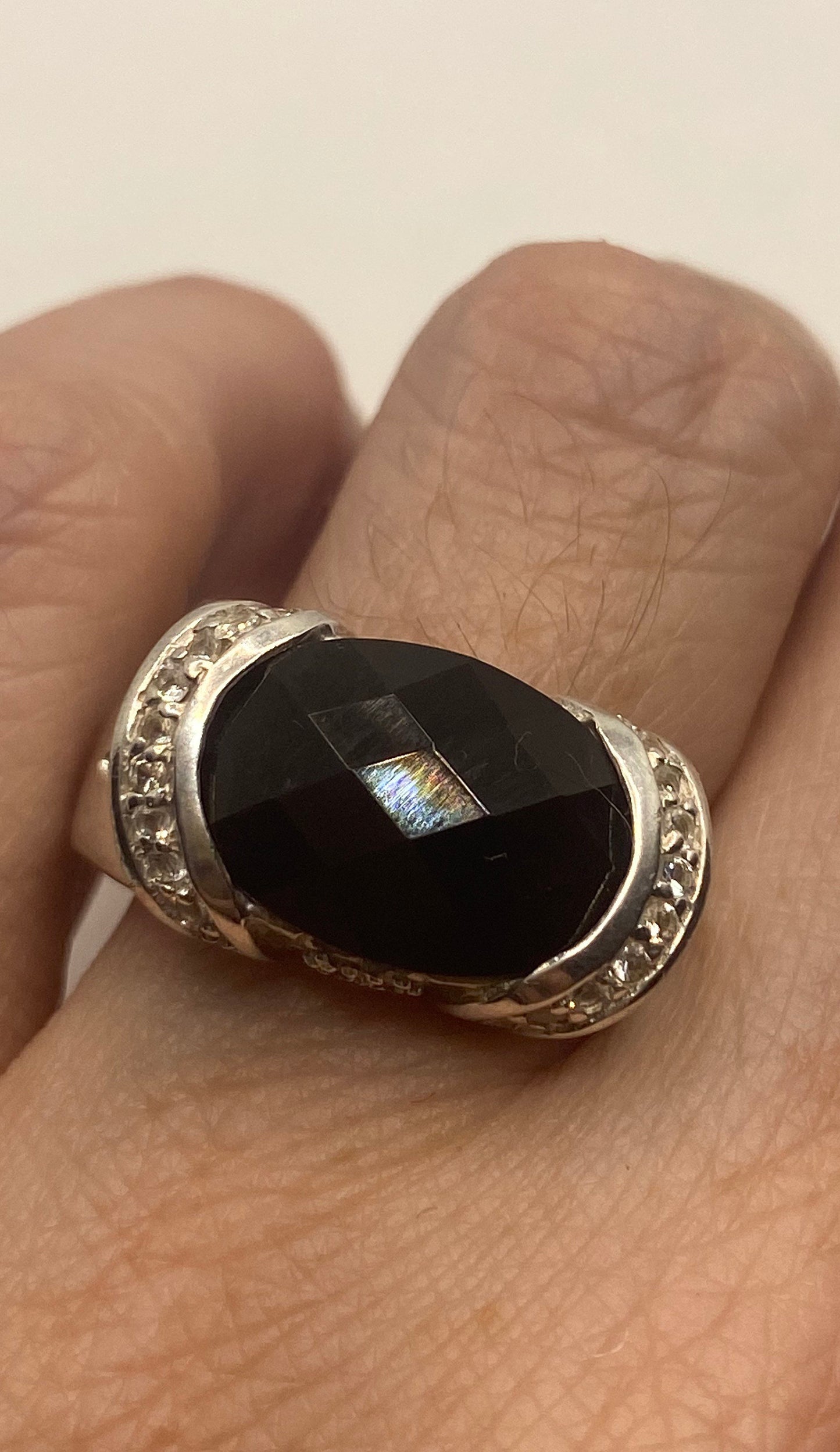 Vintage Black Onyx 925 Sterling Silver Cocktail Ring