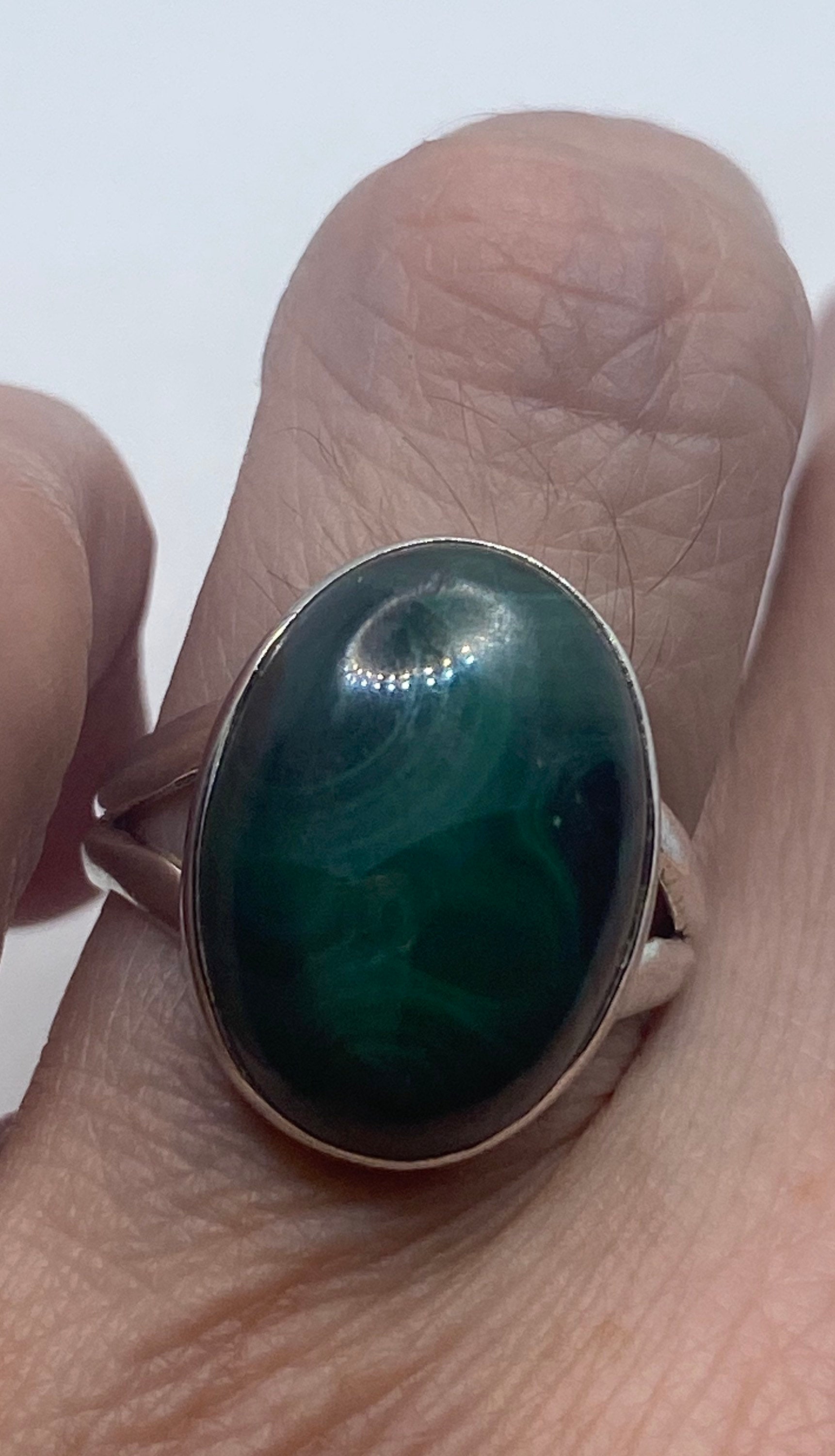 Vintage Green Malachite Ring 925 Sterling Silver Size 6.75