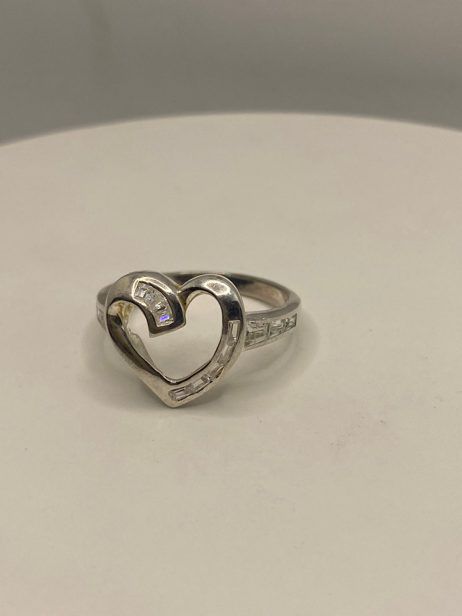 Vintage Heart Cubic Zirconia Crystal Sterling Silver Ring