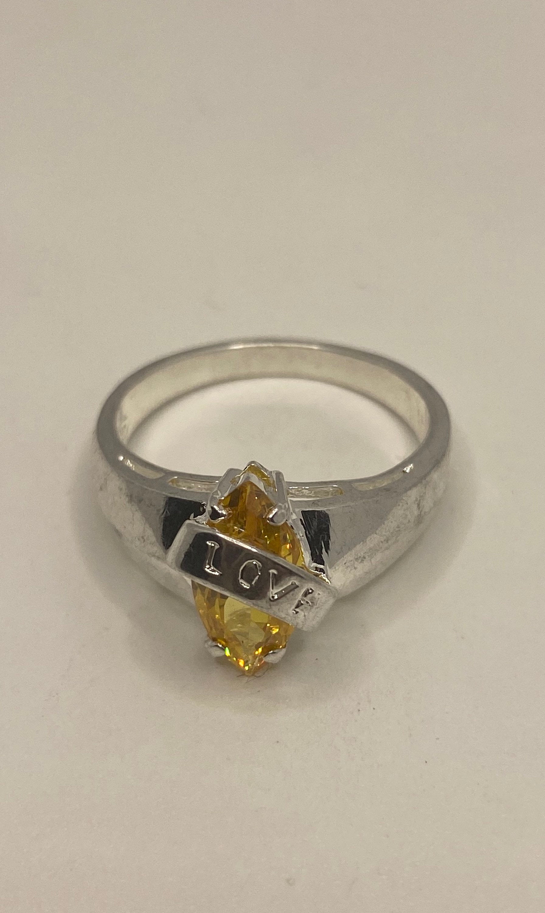 Vintage Canary Yellow CZ Deco Love Ring 925 Sterling Silver