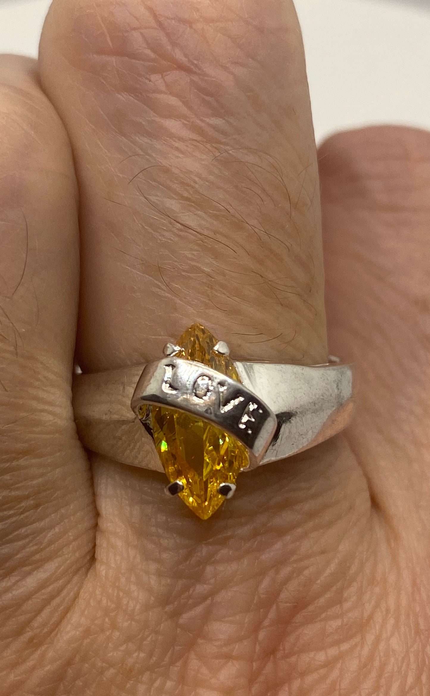 Vintage Canary Yellow CZ Deco Love Ring 925 Sterling Silver