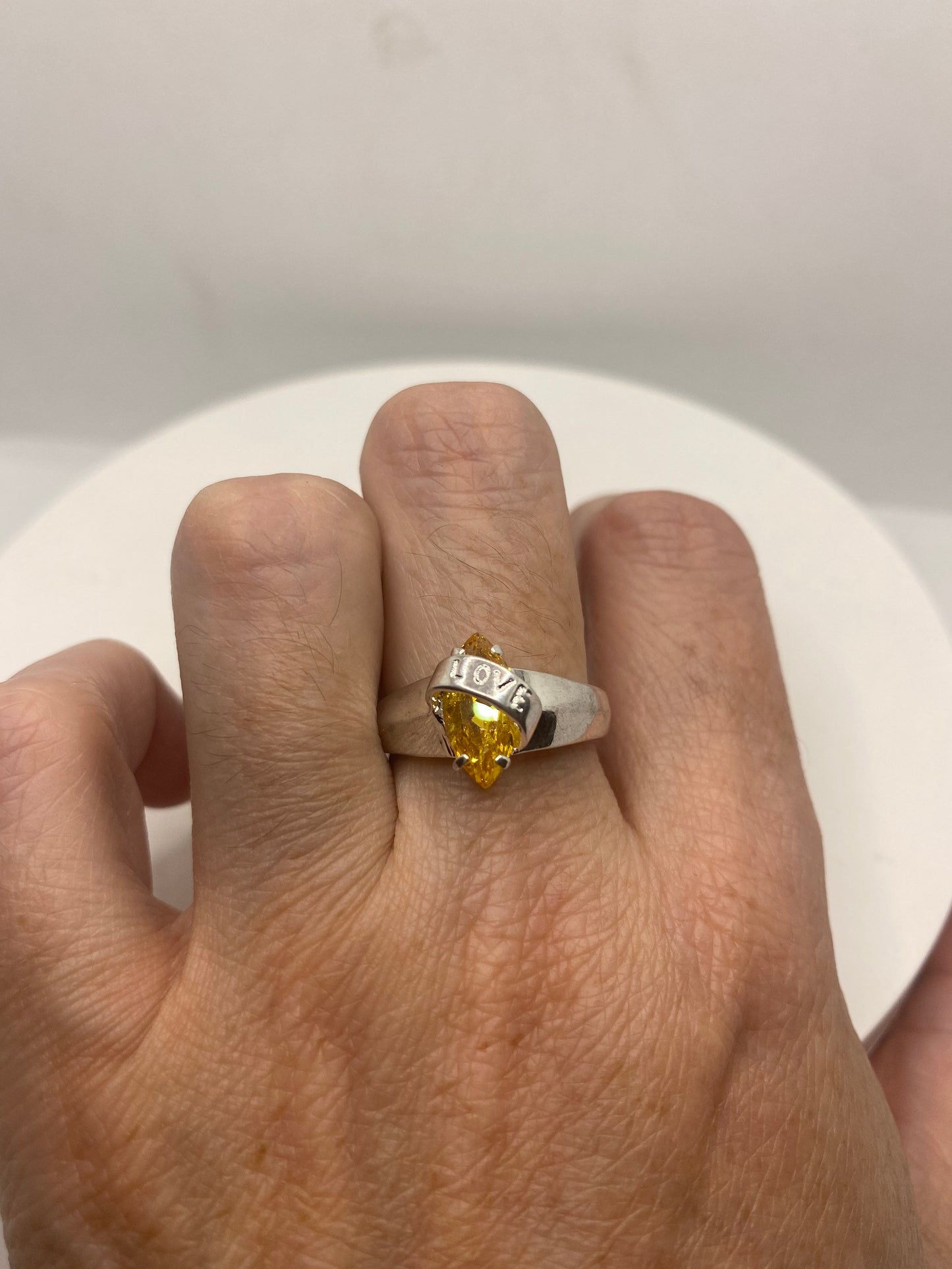 Vintage Canary Yellow CZ Deco Love Ring 925 Sterling Silver