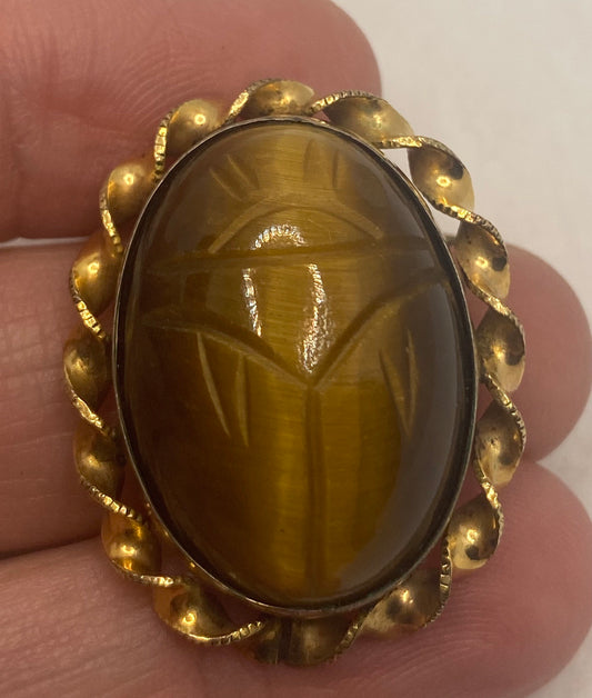 Vintage Scarab Carved Yellow Gold Filled Brooch Pin