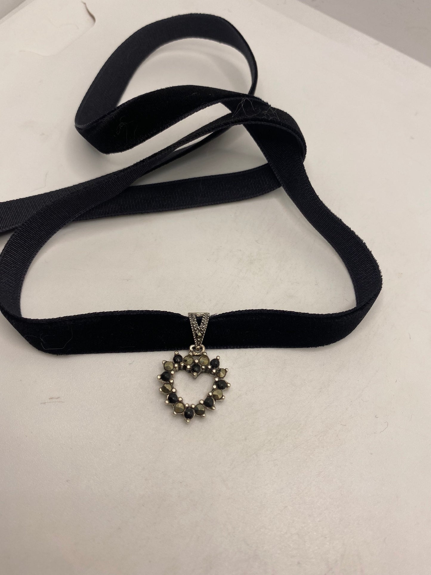 Vintage Black Onyx Marcasite Heart Choker 925 Sterling Silver Deco Pendant Necklace
