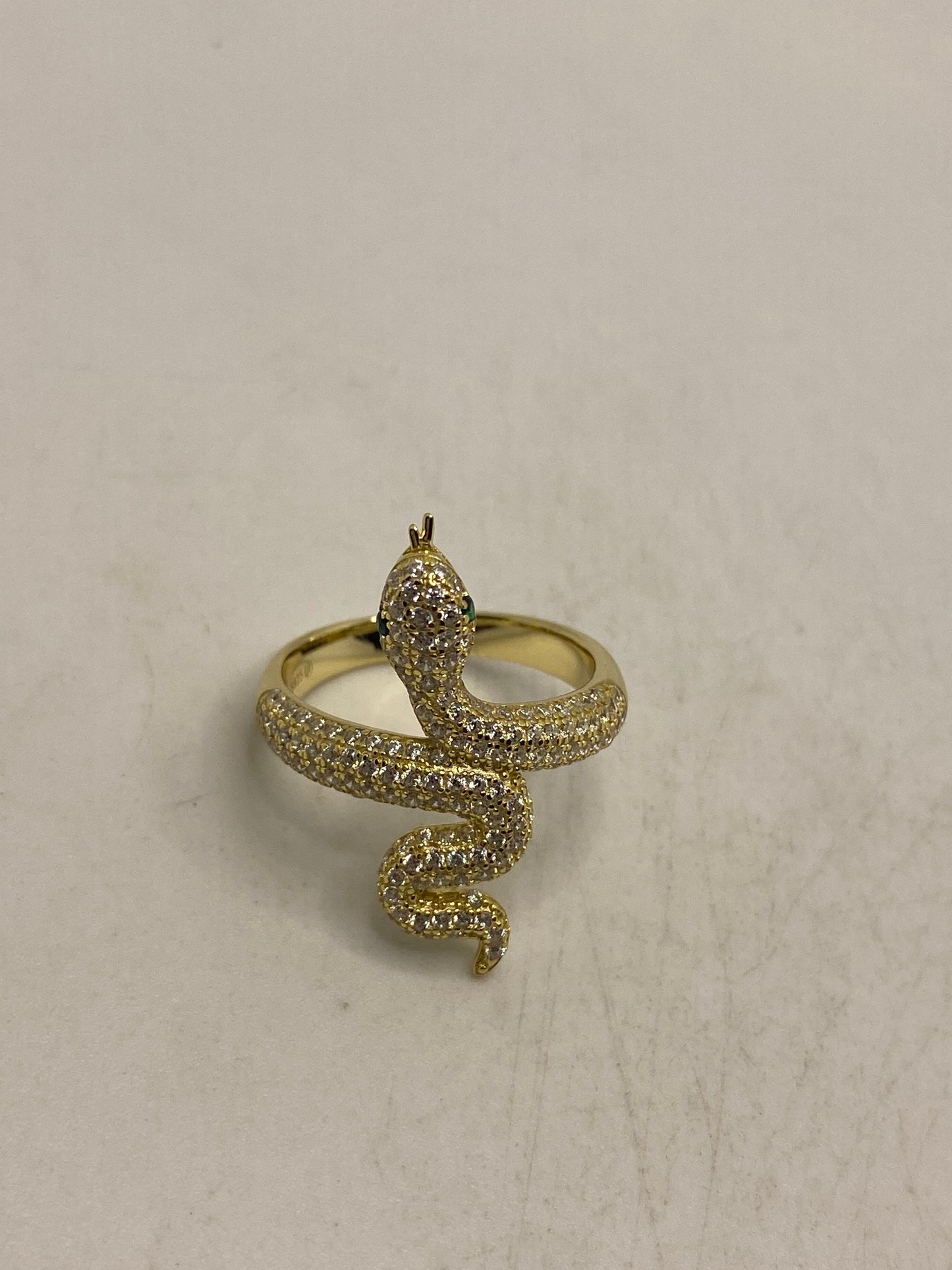 Vintage Snake Ring Golden Sterling Silver Crystal Cocktail Ring