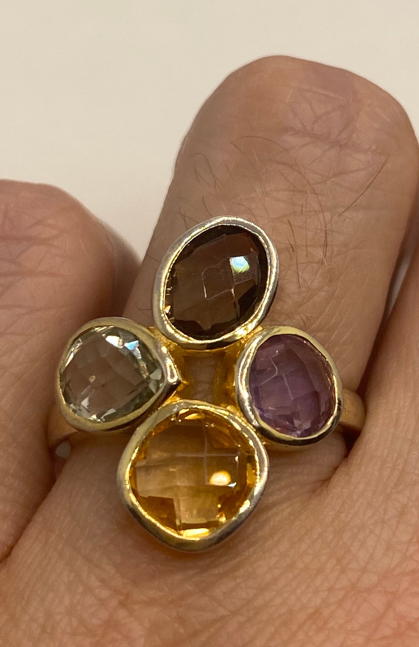 Vintage Citrine Smoky Topaz Green and Purple Amethyst 925 Sterling Silver Ring