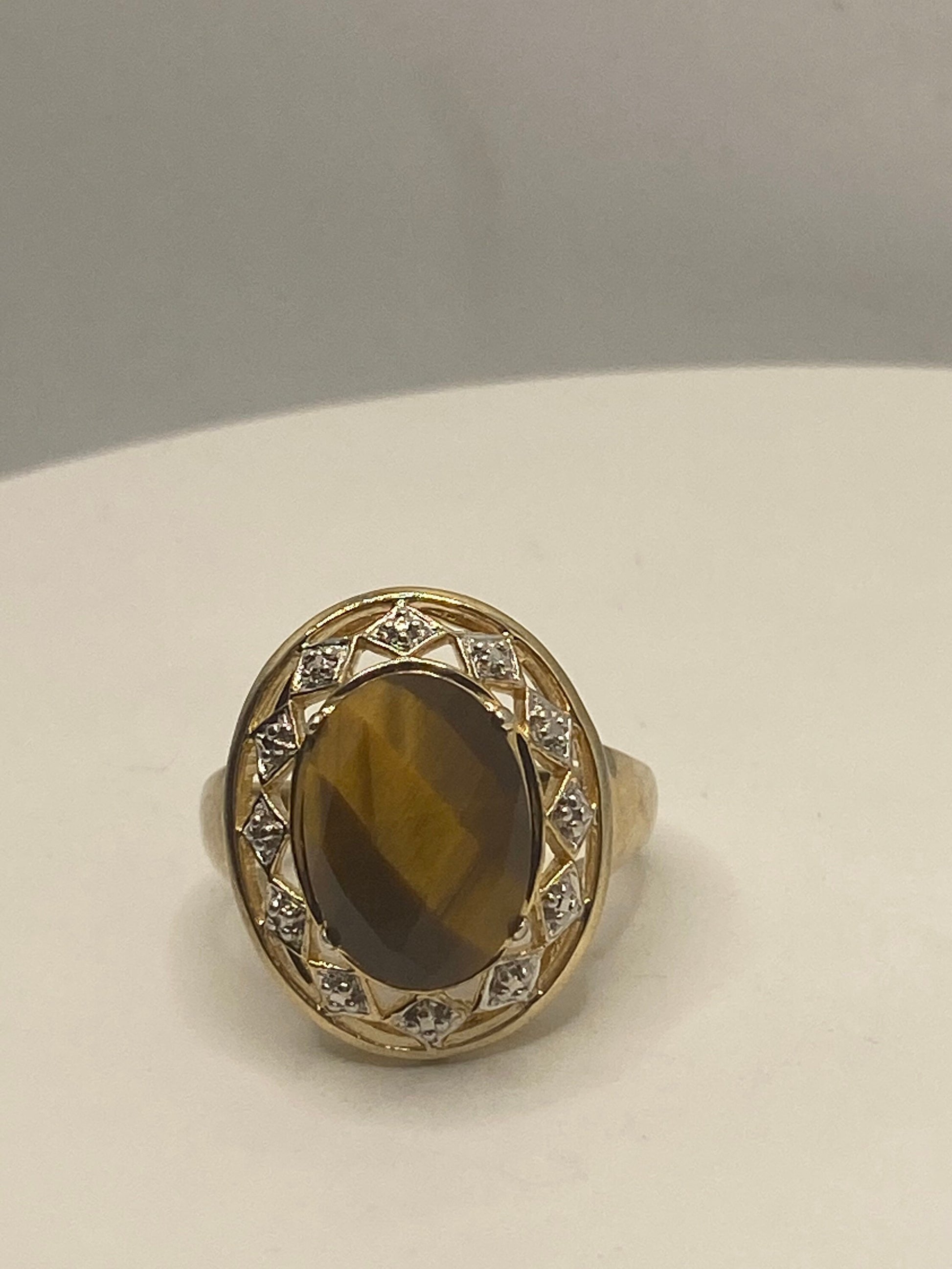 Vintage Tigers Eye Diamond Stone Golden Sterling Silver 925 Ring