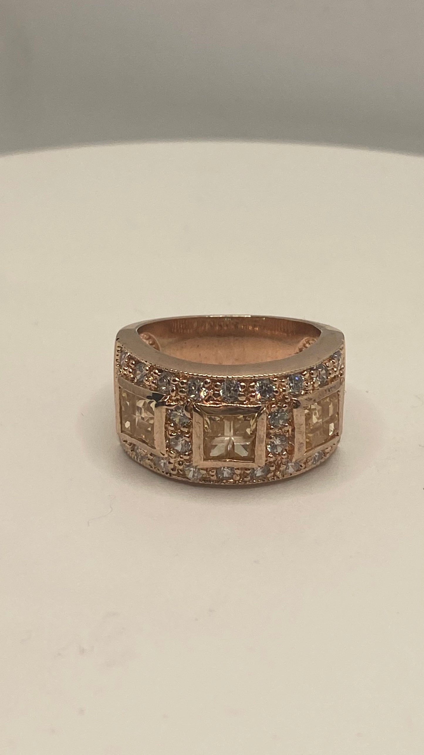 Vintage Cubic Zirconia Crystal Rose Golden 925 Sterling Silver Ring