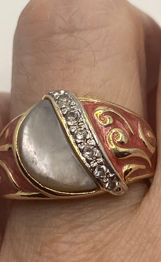 Vintage White Mother of Pearl Enamel Golden Sterling Silver Ring