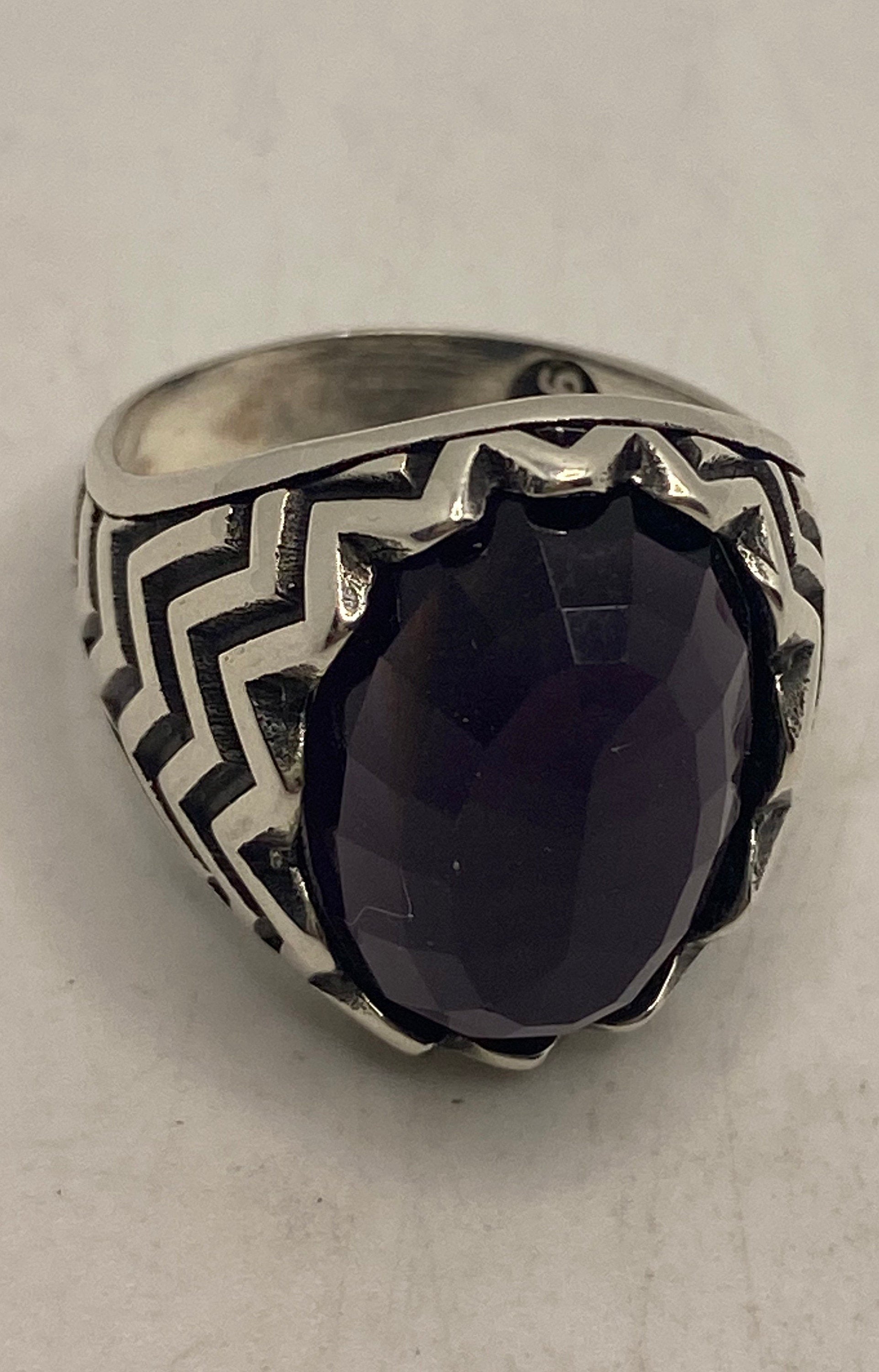 Vintage Gothic Sterling Silver Amethyst Glass Mens Ring