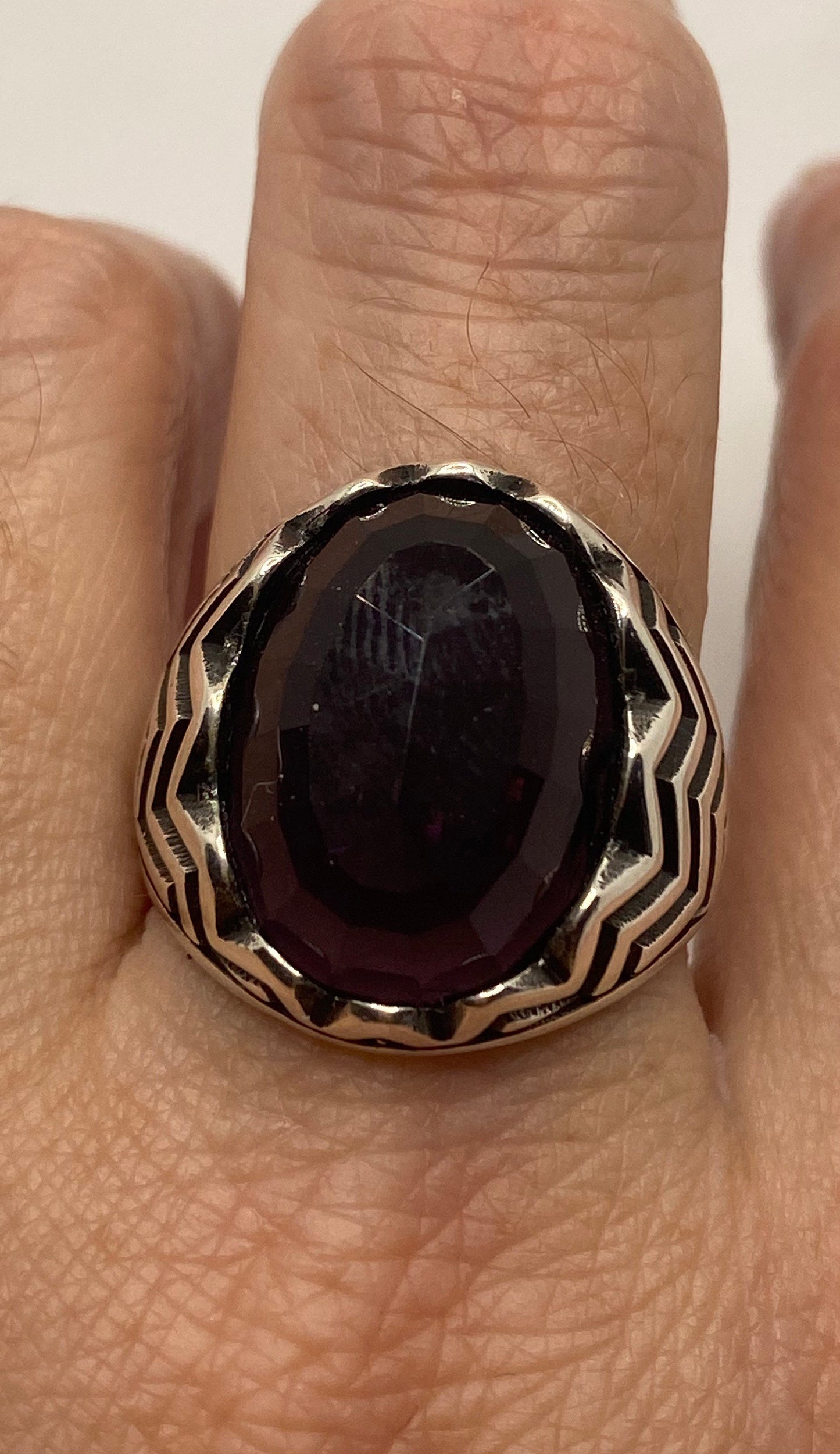 Vintage Gothic Sterling Silver Amethyst Glass Mens Ring