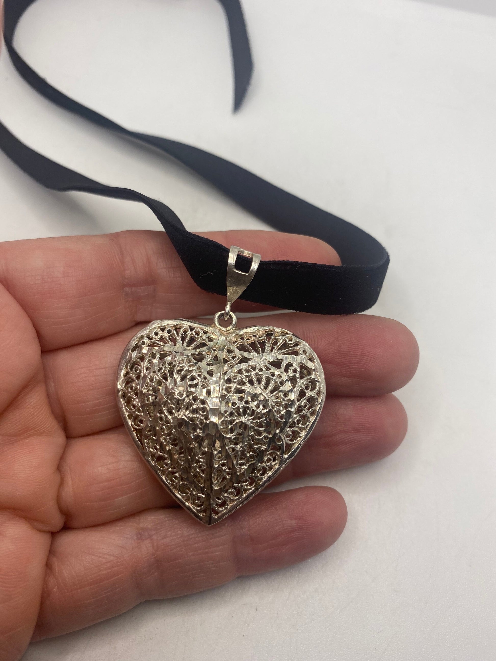 Vintage Heart Choker 925 Sterling Silver Pendant Necklace