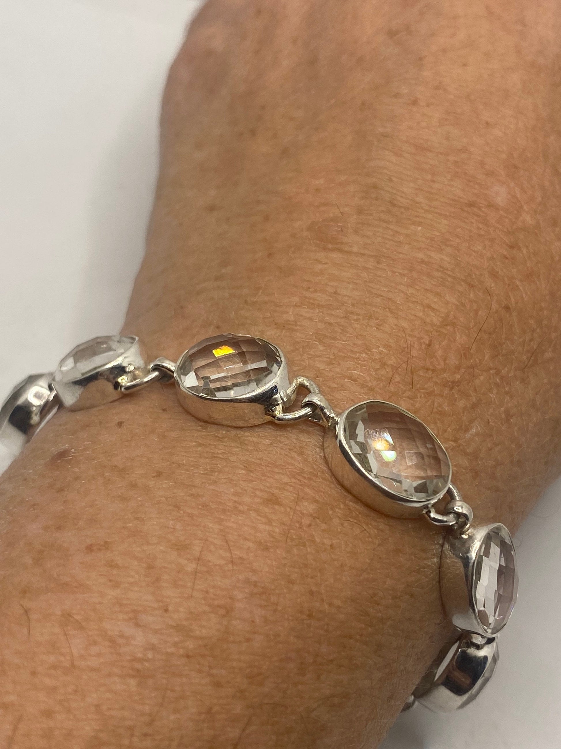 Vintage Clear Quartz 925 Sterling Silver Toggle Bracelet