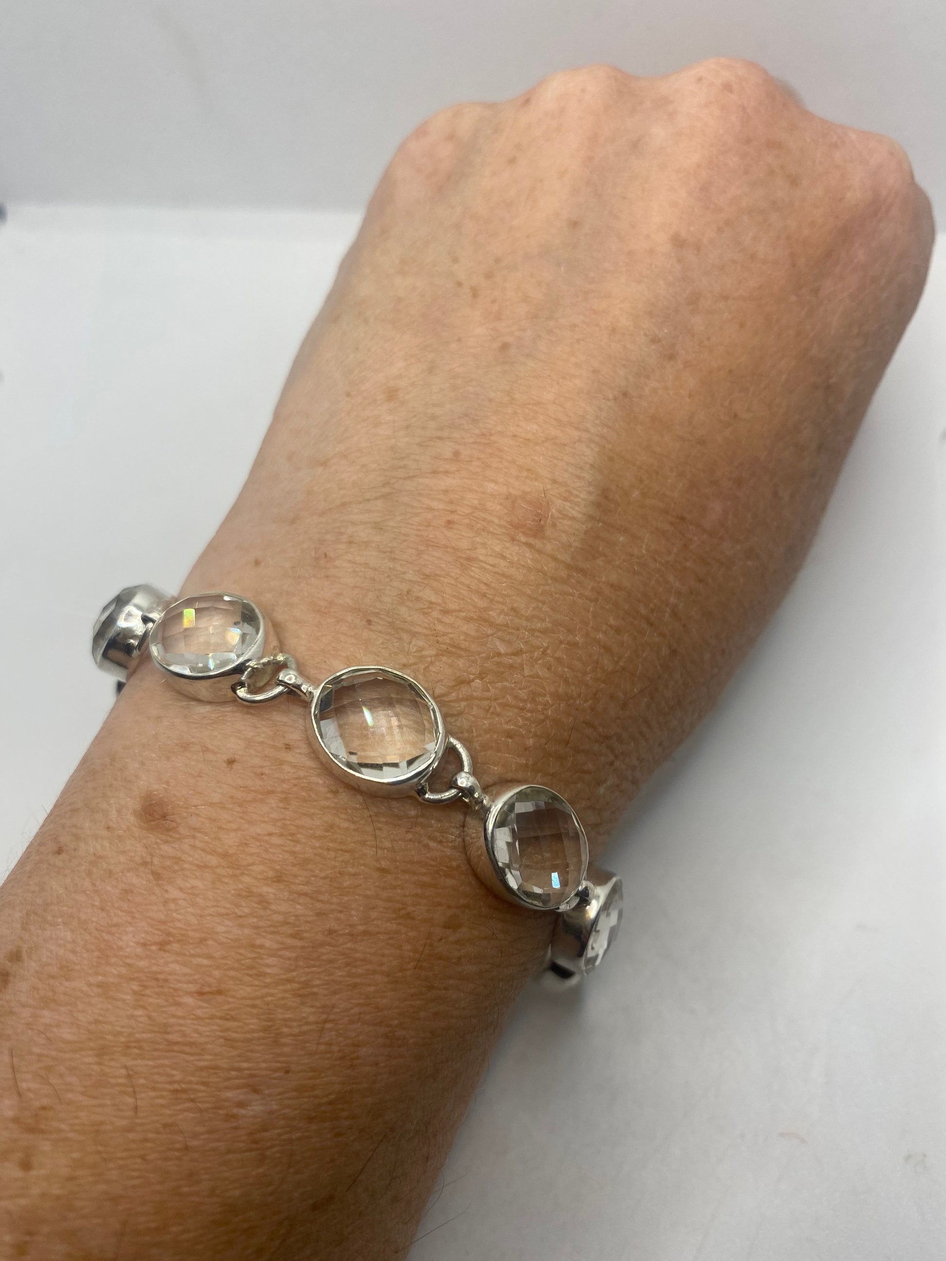 Vintage Clear Quartz 925 Sterling Silver Toggle Bracelet