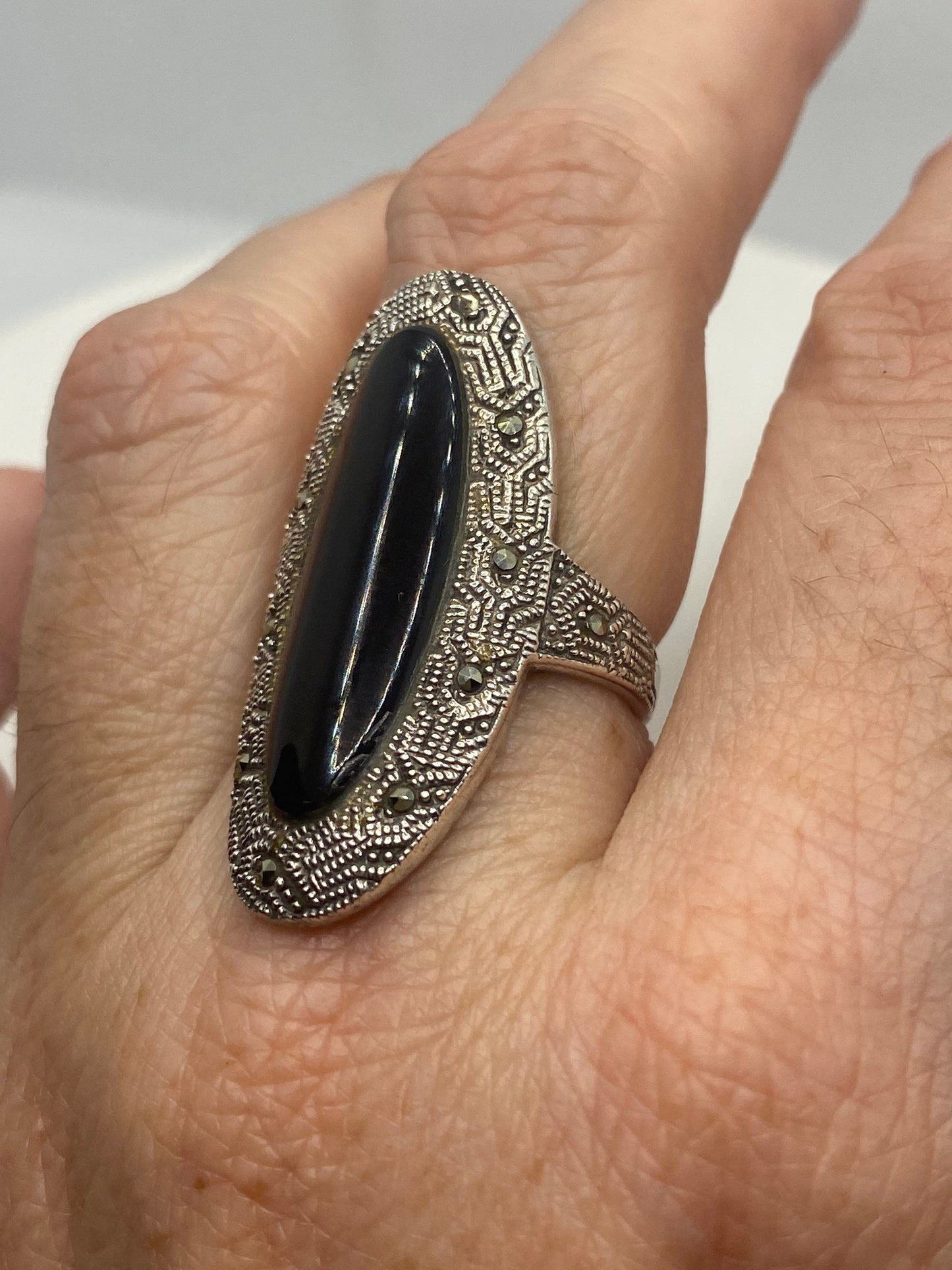 Vintage Marcasite Black Onyx 925 Sterling Silver Cocktail Ring