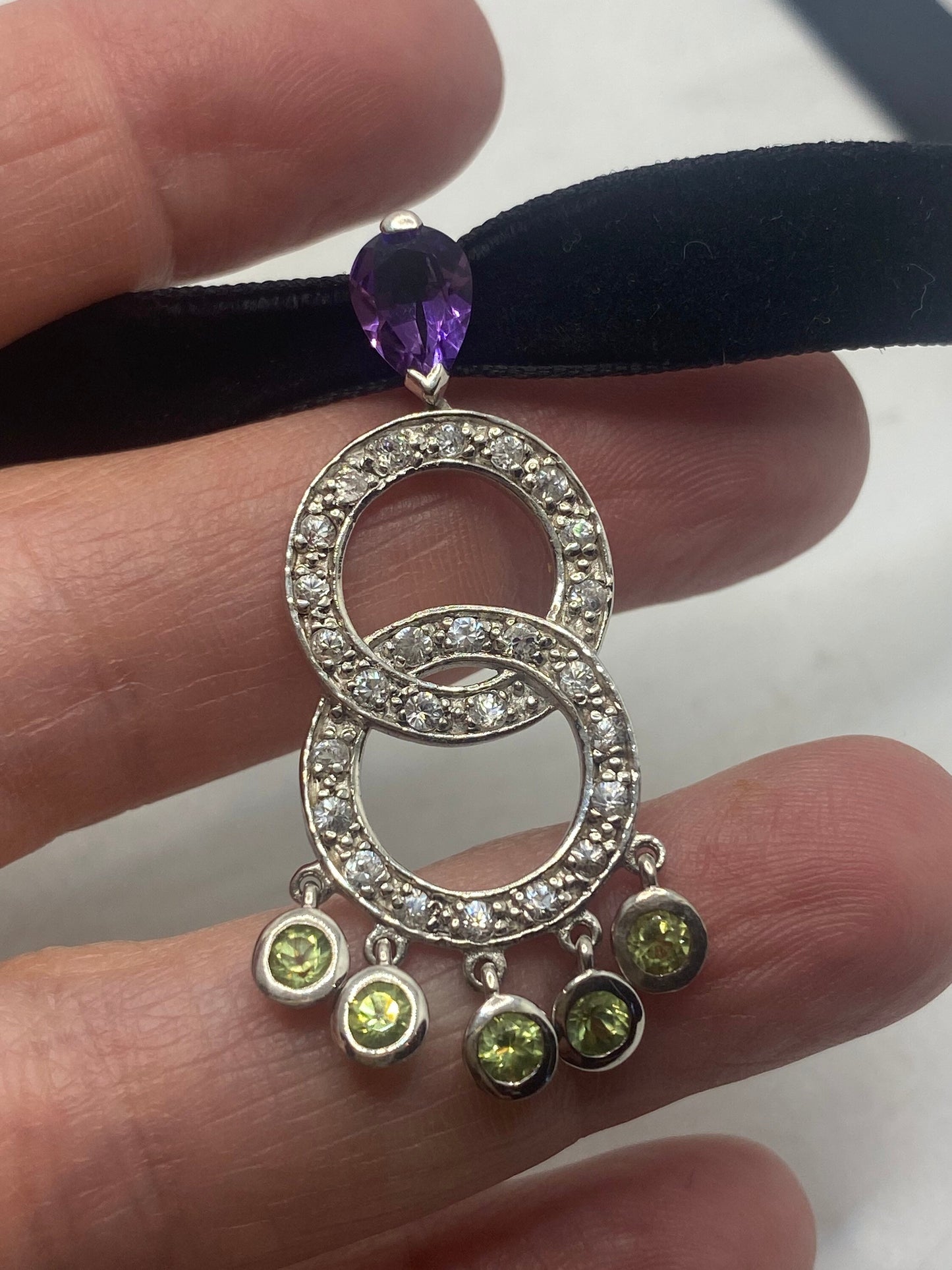 Vintage Peridot Amethyst Choker Pendant Necklace in 925 Sterling Silver