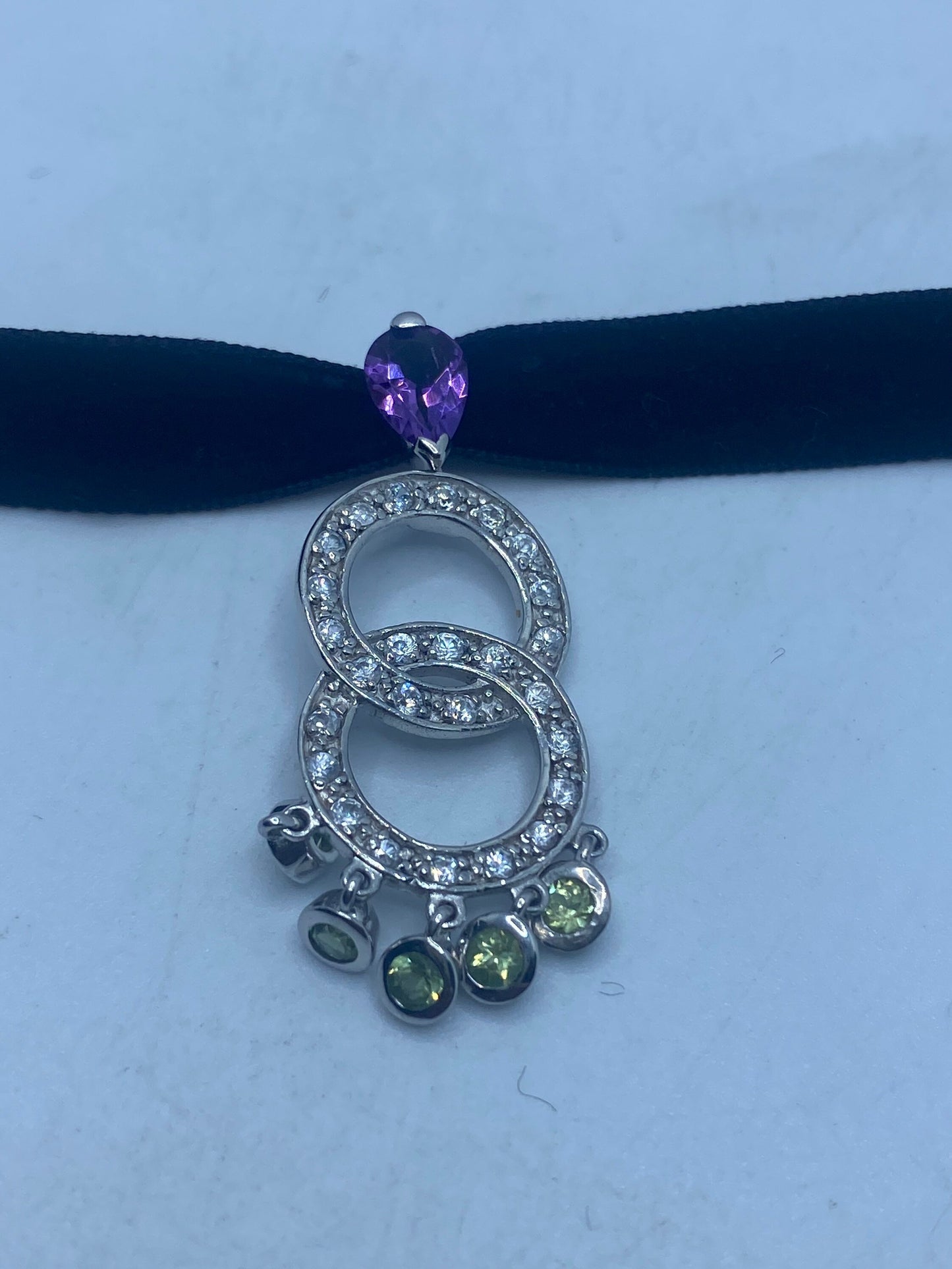 Vintage Peridot Amethyst Choker Pendant Necklace in 925 Sterling Silver