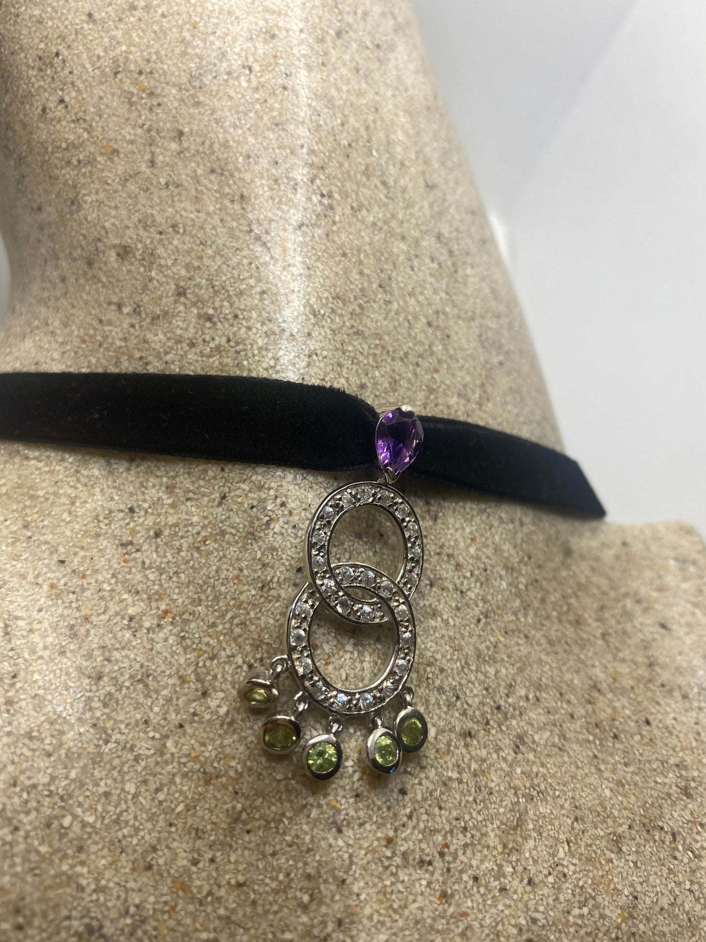 Vintage Peridot Amethyst Choker Pendant Necklace in 925 Sterling Silver