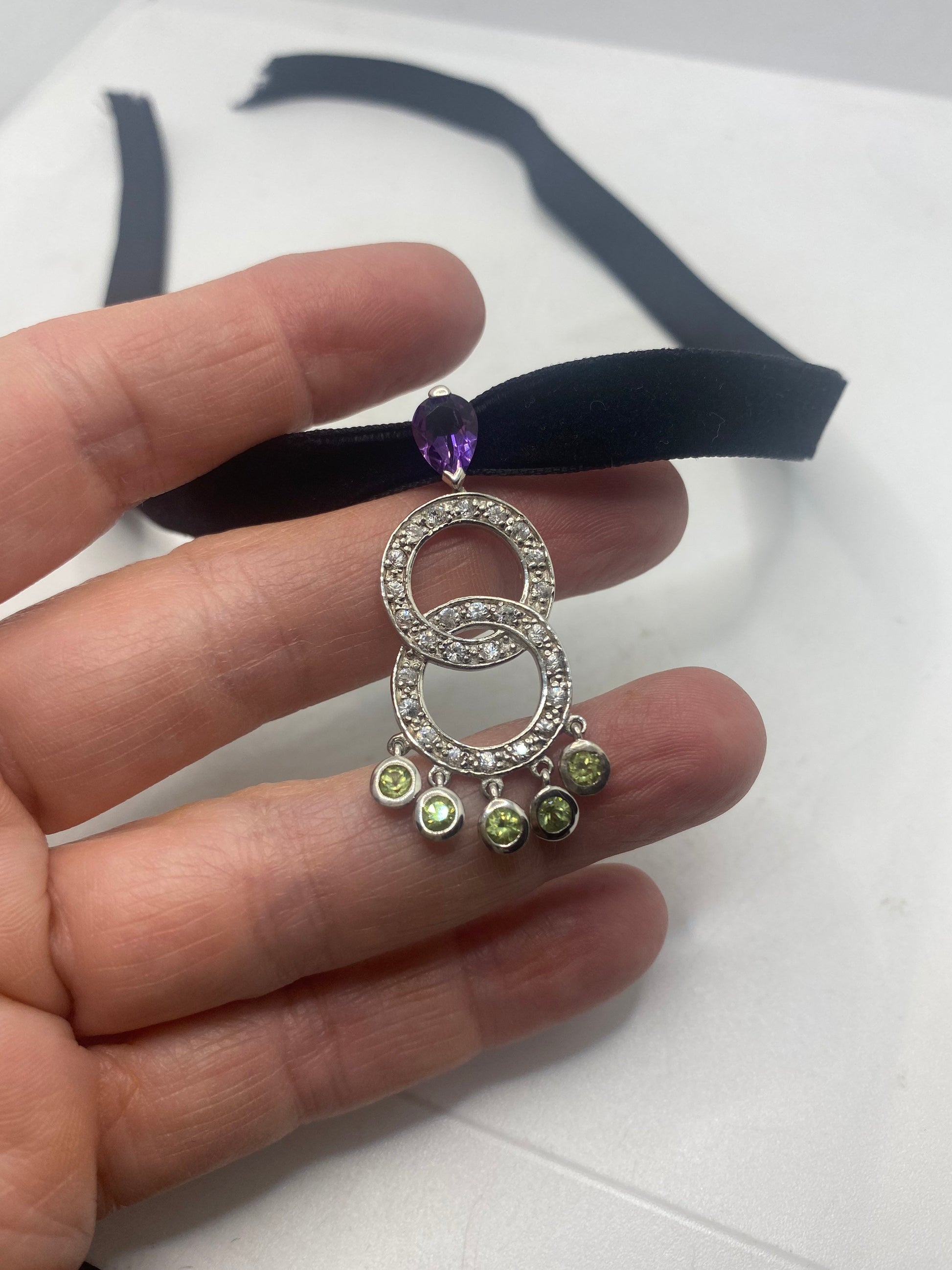 Vintage Peridot Amethyst Choker Pendant Necklace in 925 Sterling Silver