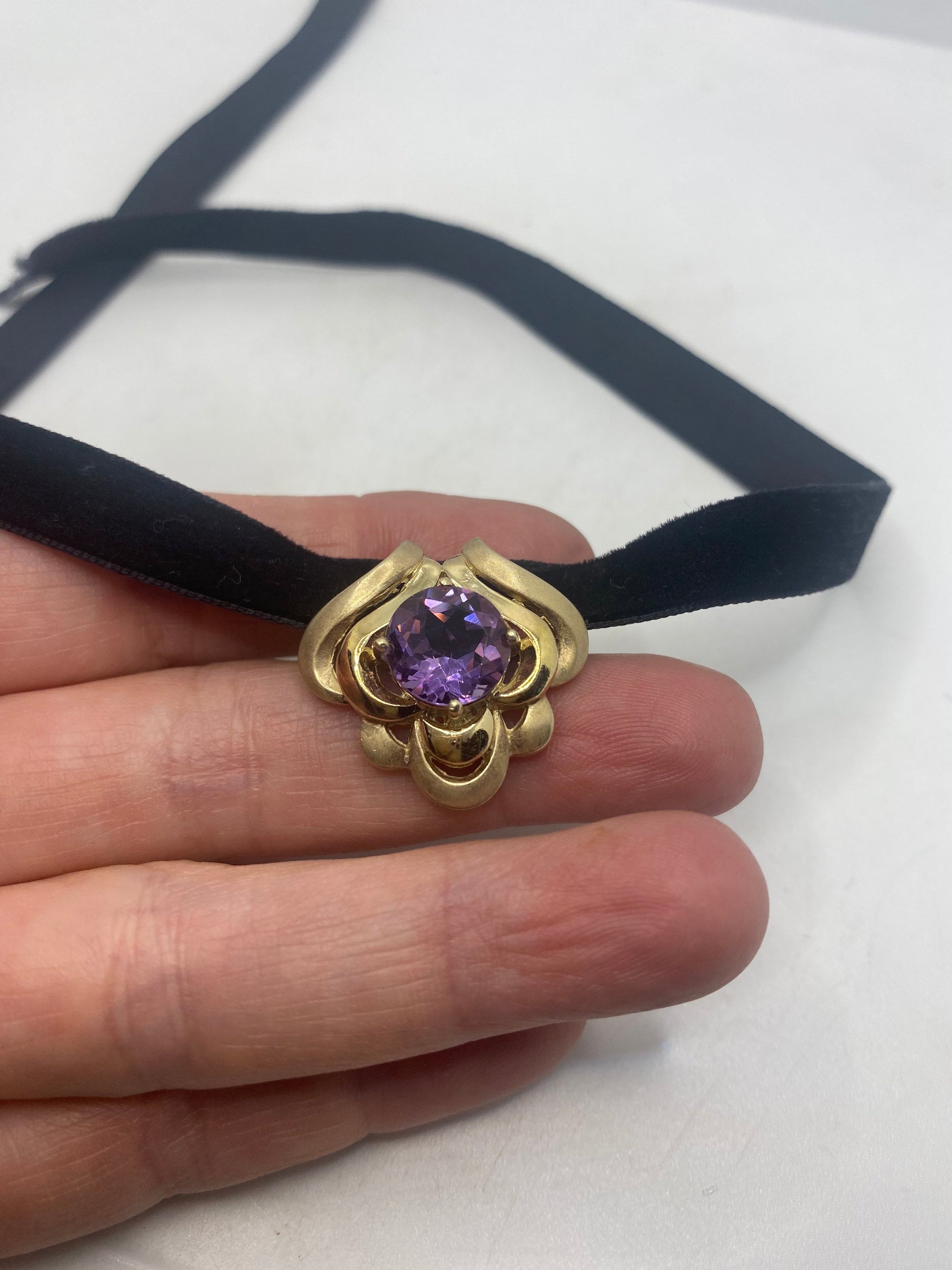 Vintage Choker Golden 925 Sterling Silver Purple Amethyst Pendant