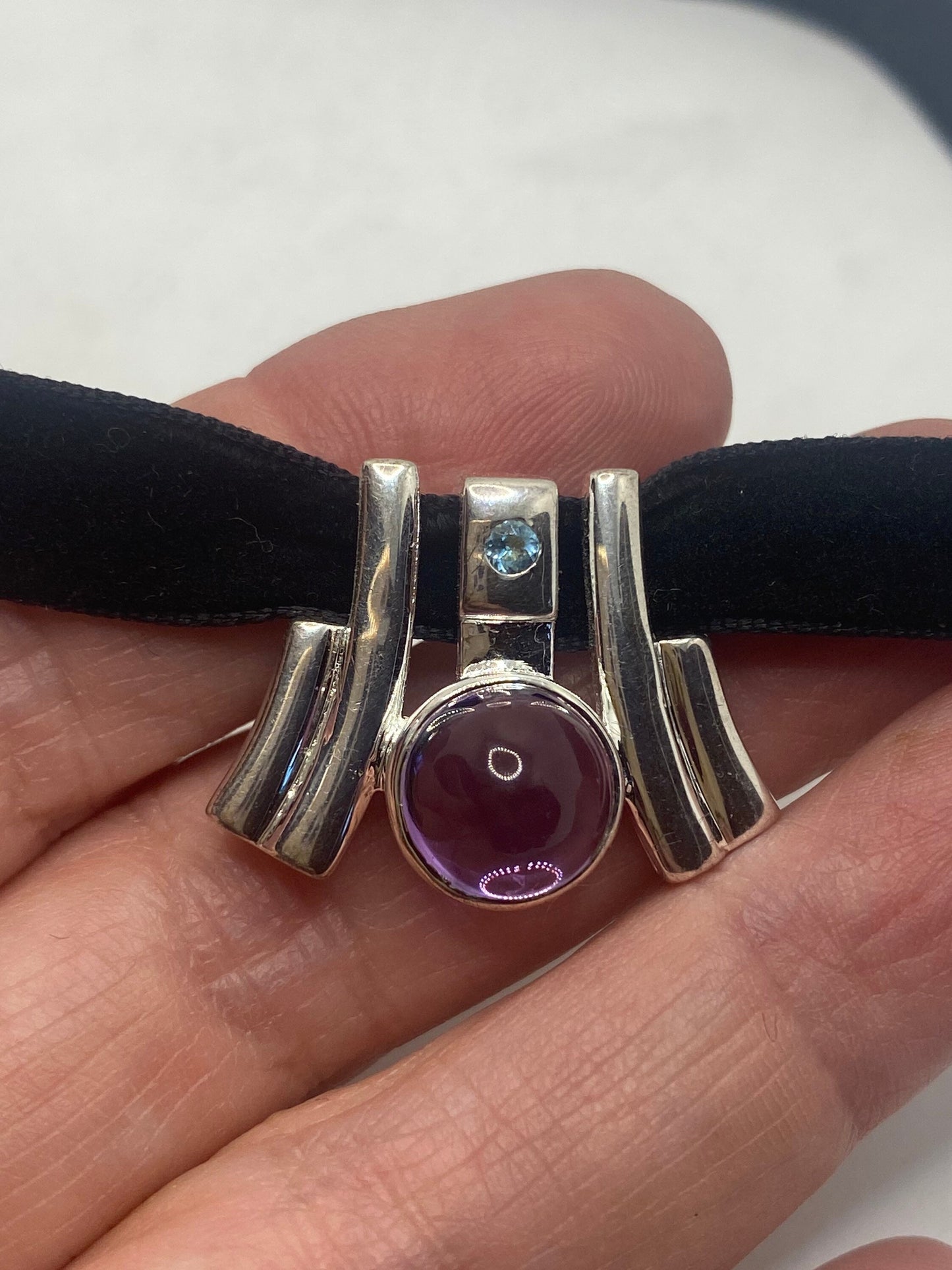 Vintage Choker 925 Sterling Silver Purple Amethyst Pendant