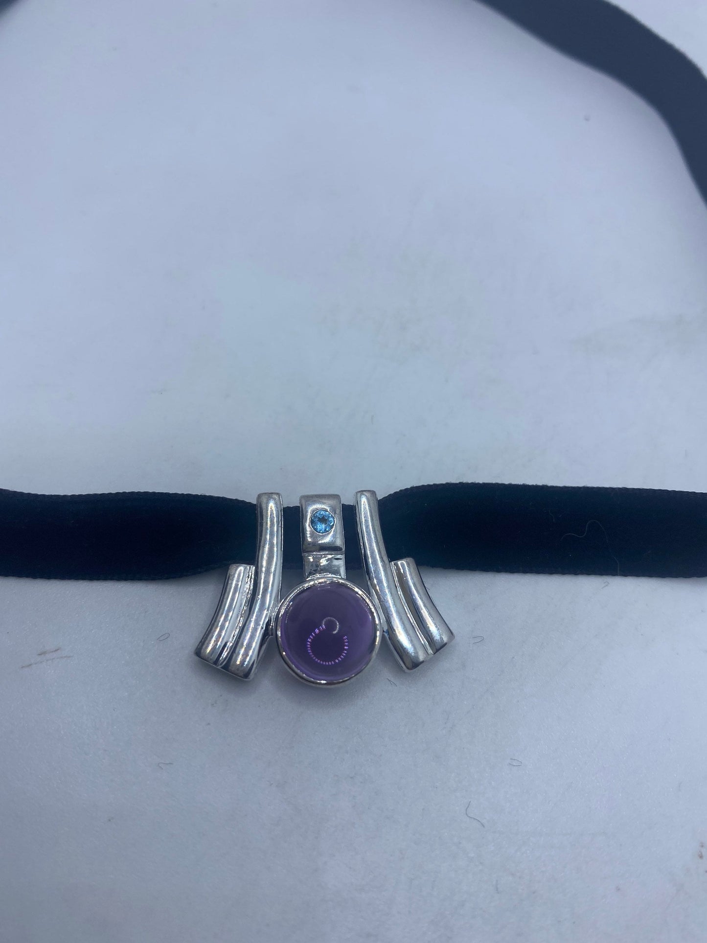 Vintage Choker 925 Sterling Silver Purple Amethyst Pendant