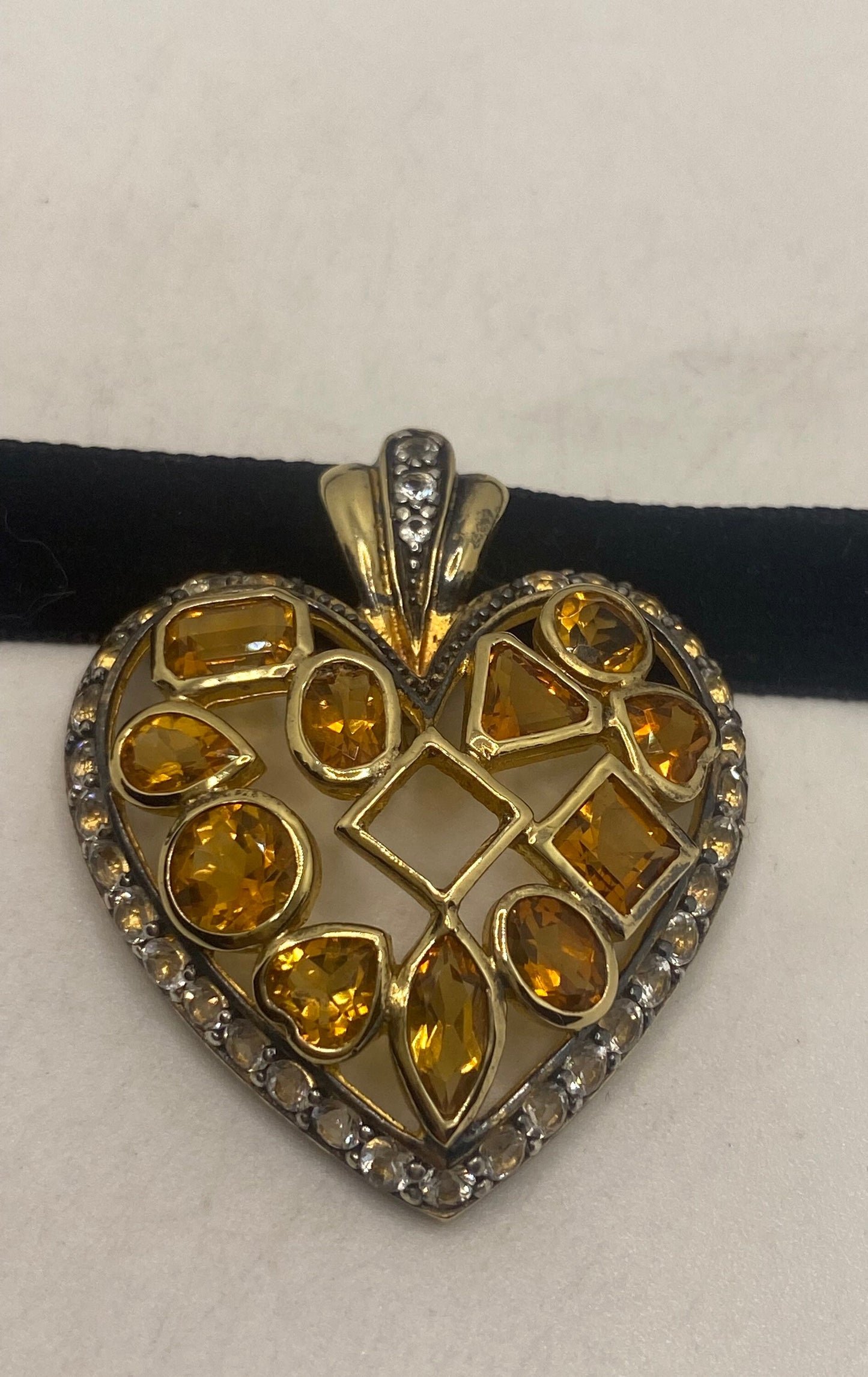 Vintage Sterling Silver Golden Lemon Citrine Heart Choker Pendant