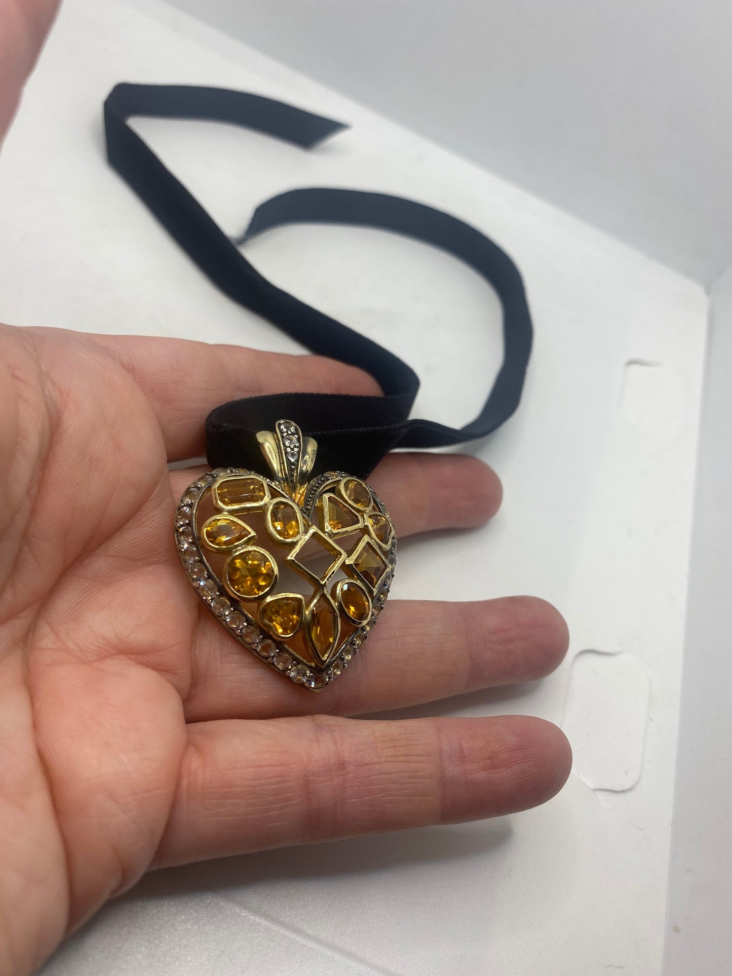 Vintage Sterling Silver Golden Lemon Citrine Heart Choker Pendant