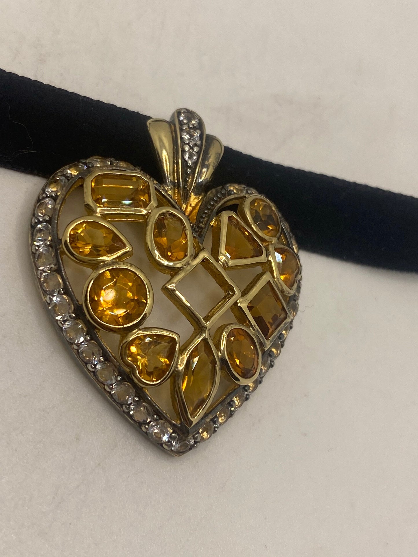 Vintage Sterling Silver Golden Lemon Citrine Heart Choker Pendant