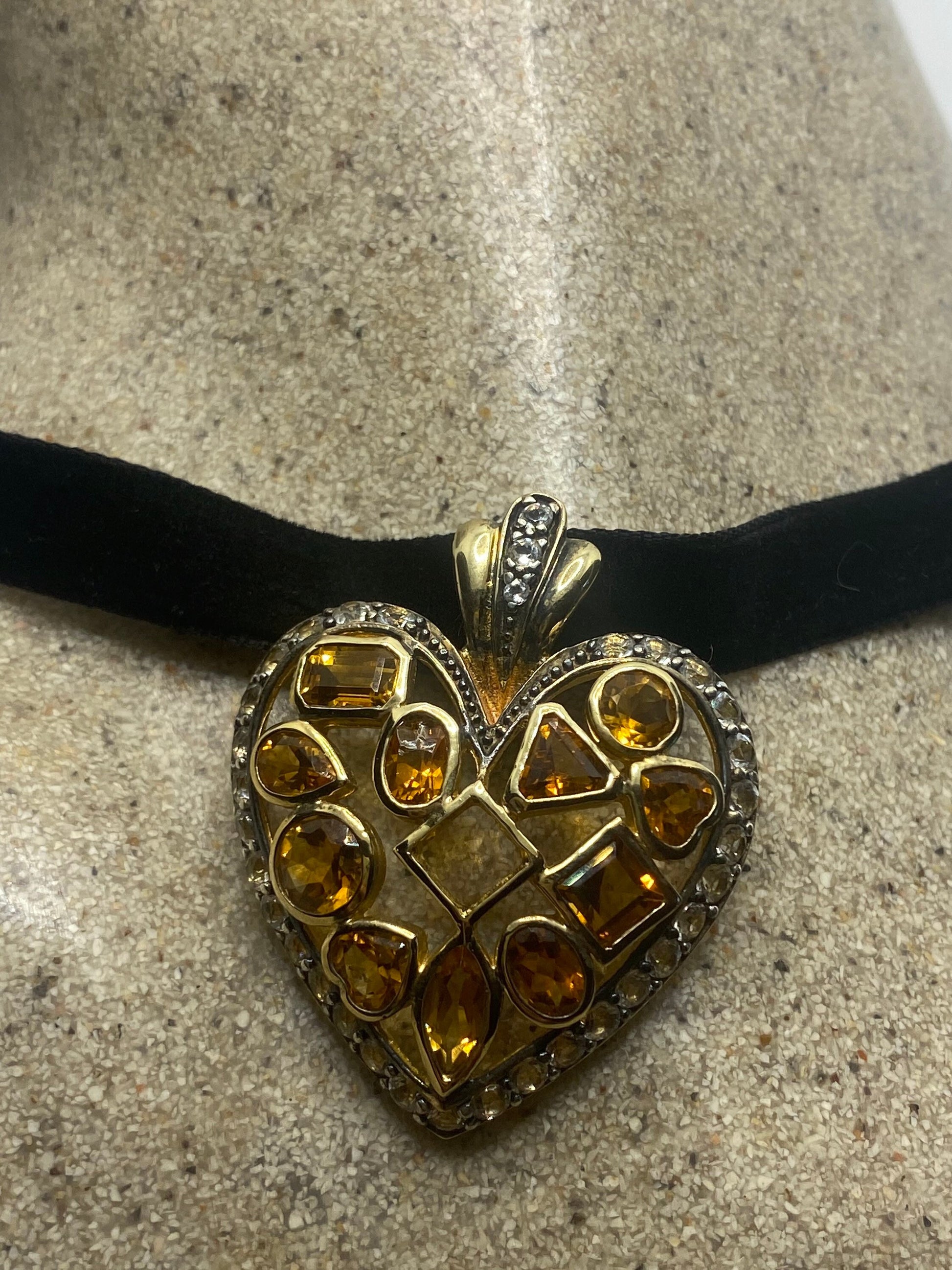 Vintage Sterling Silver Golden Lemon Citrine Heart Choker Pendant