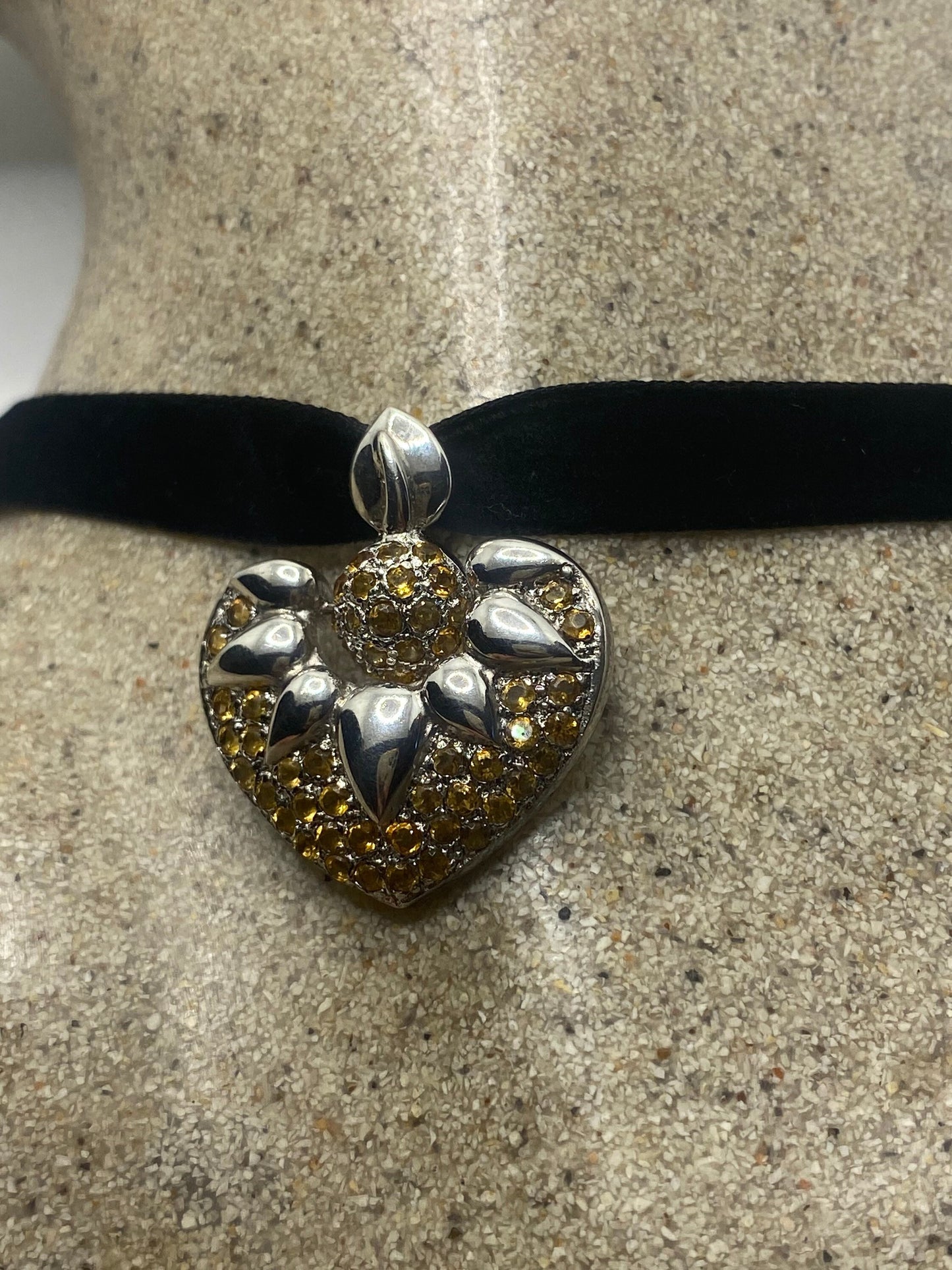 Vintage Sterling Silver Golden Lemon Citrine Heart Choker Pendant