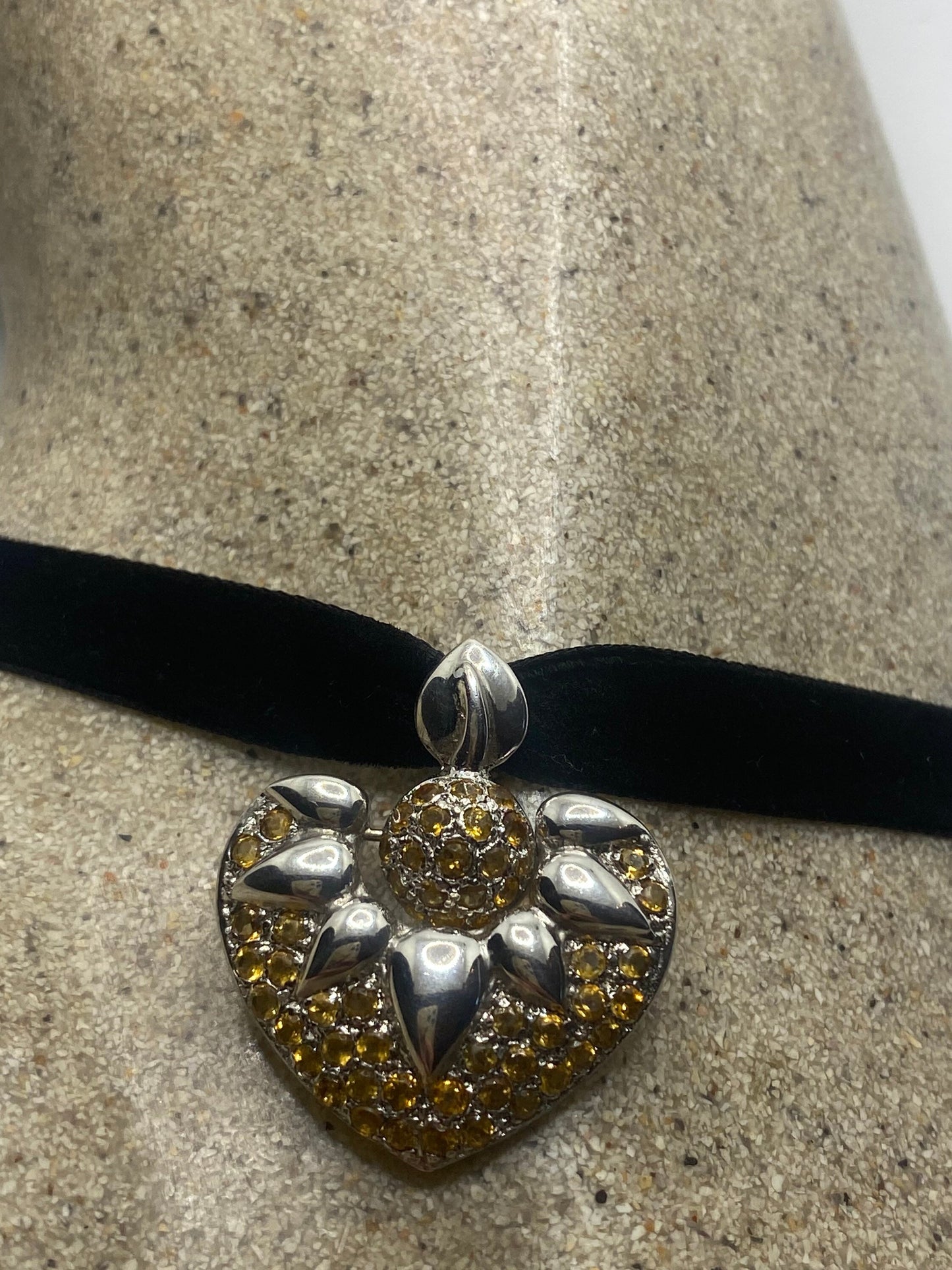 Vintage Sterling Silver Golden Lemon Citrine Heart Choker Pendant