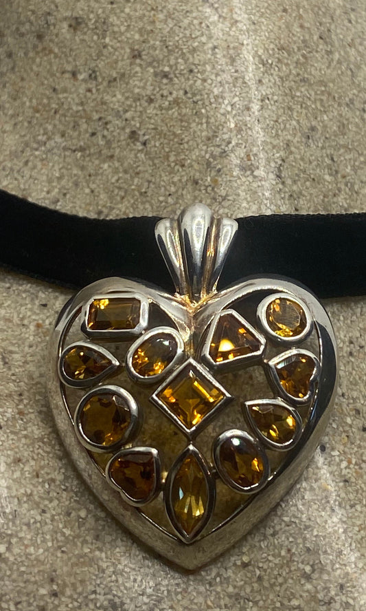 Vintage Sterling Silver Golden Lemon Citrine Heart Choker Pendant