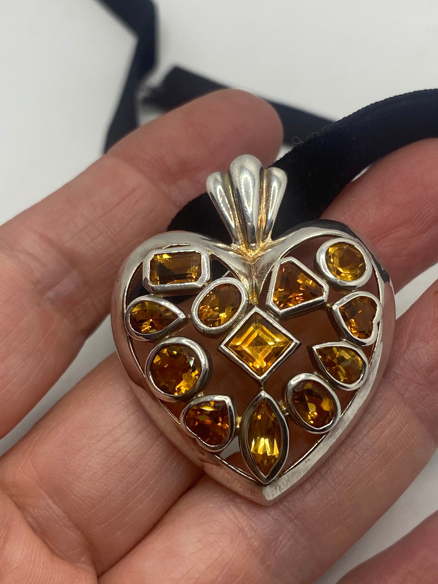 Vintage Sterling Silver Golden Lemon Citrine Heart Choker Pendant